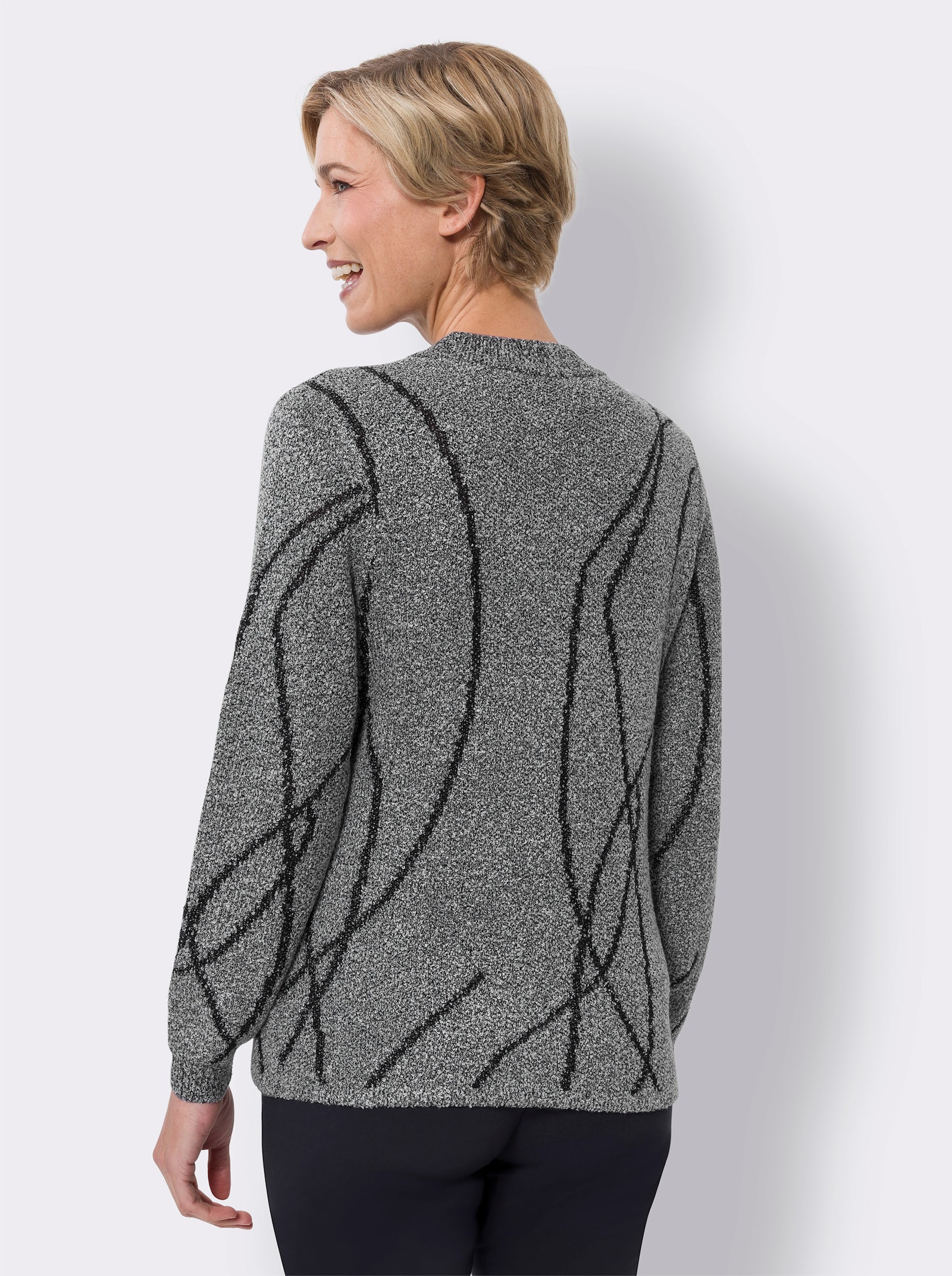 Bouclé-Pullover mit Jacquard-Muster - steingrau-meliert