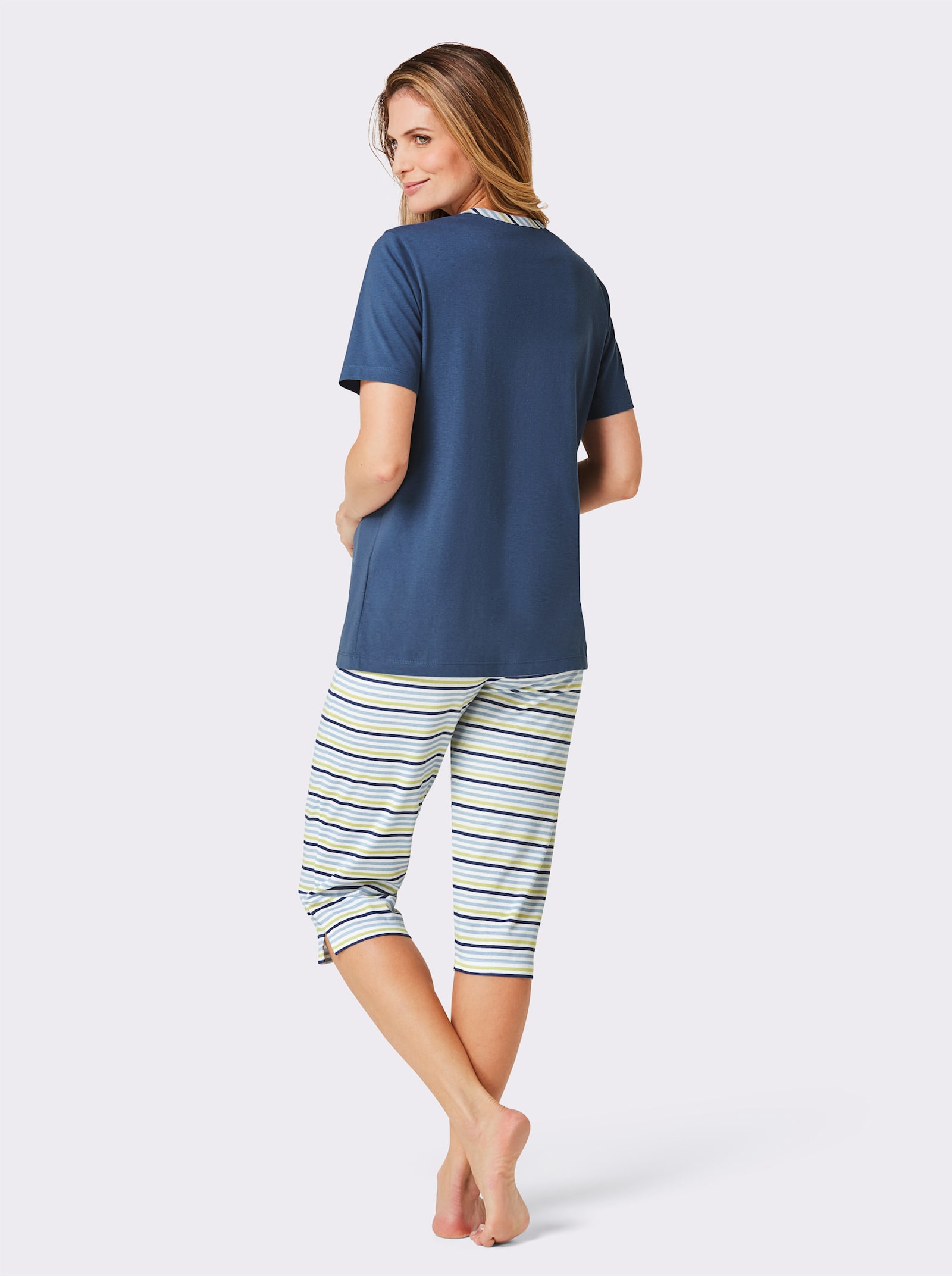 wäschepur Capri-Schlafanzüge mit Knopfleiste - jeansblau + jeansblau-geringelt
