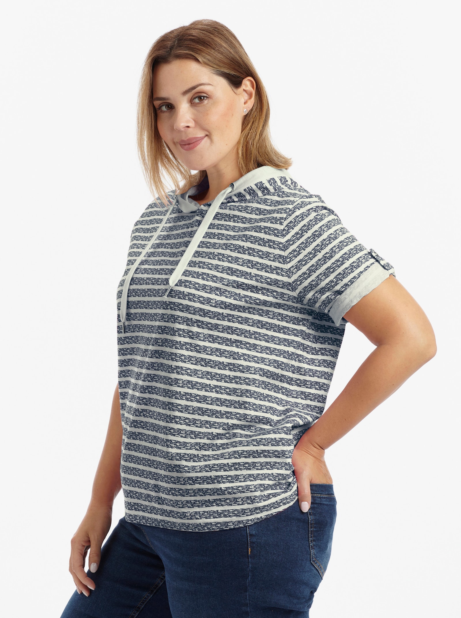 Kapuzenshirt aus reiner Baumwolle - marine-ecru-geringelt