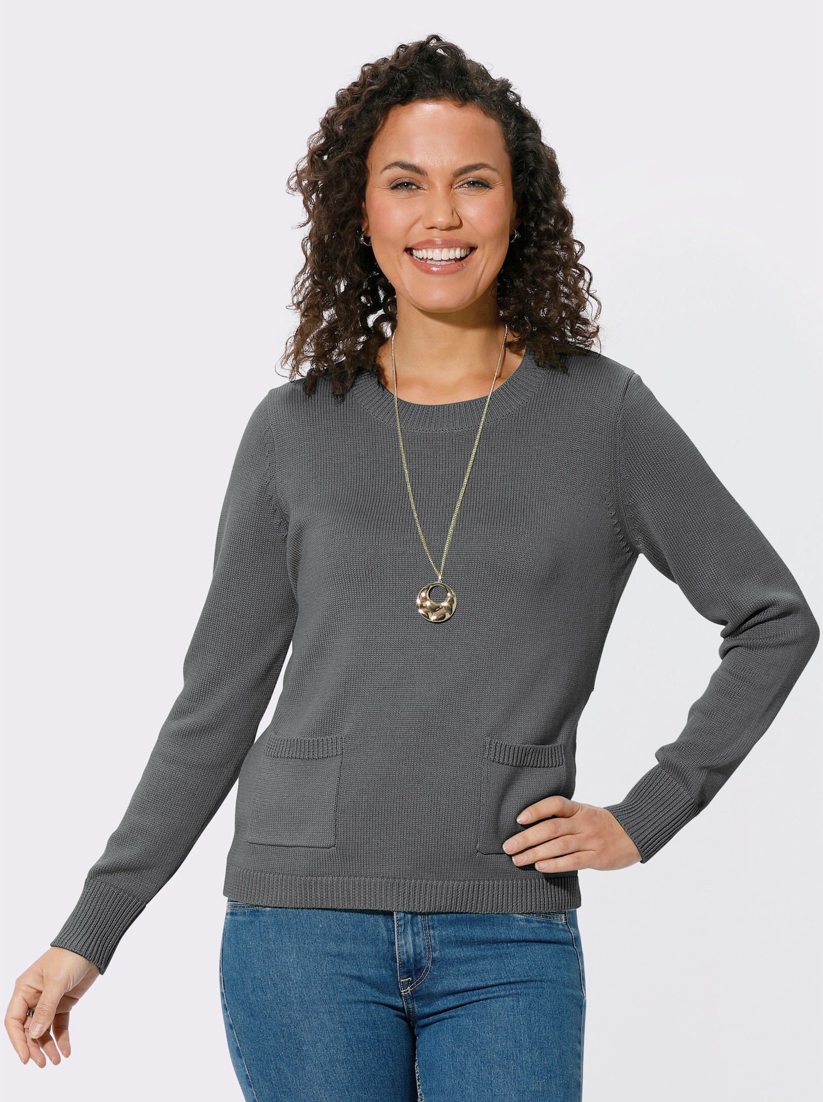 Rundhalspullover mit aufgesetzten Taschen - grau-meliert