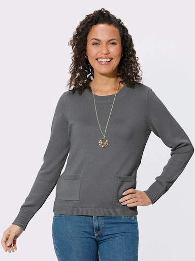 Rundhalspullover mit aufgesetzten Taschen - grau-meliert