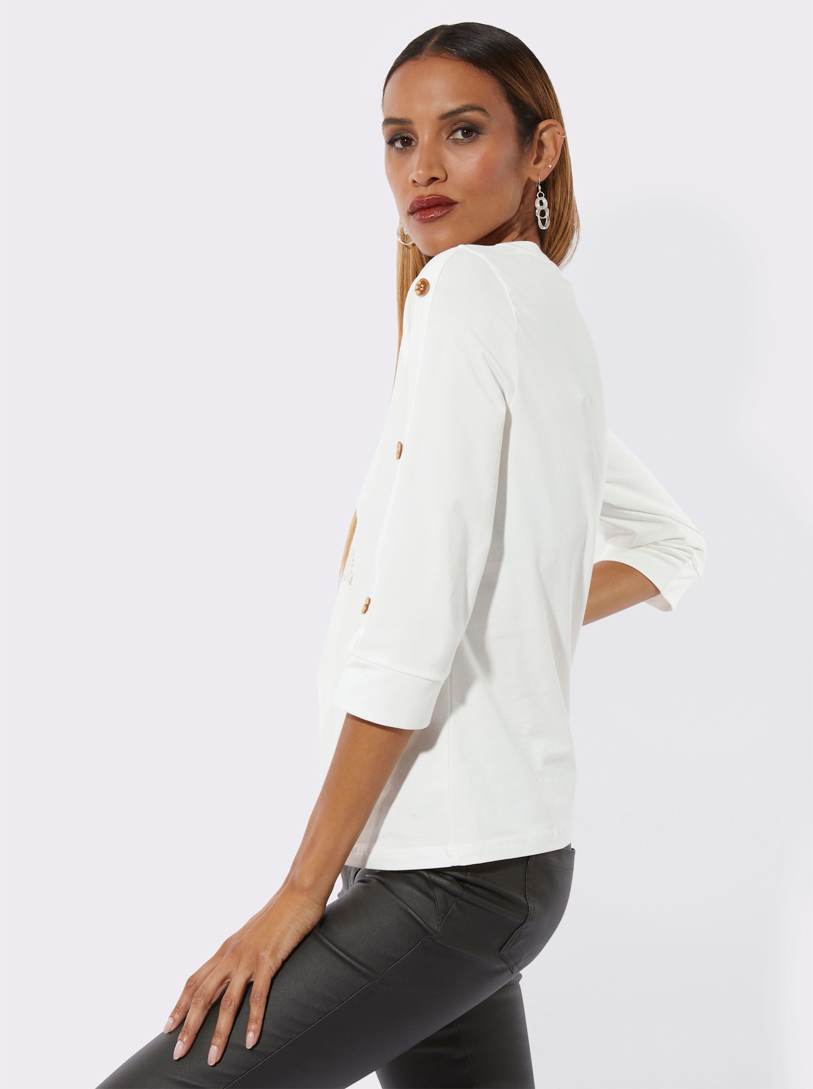 Rundhalsshirt mit Zierknopfleiste - ecru-schwarz-bedruckt