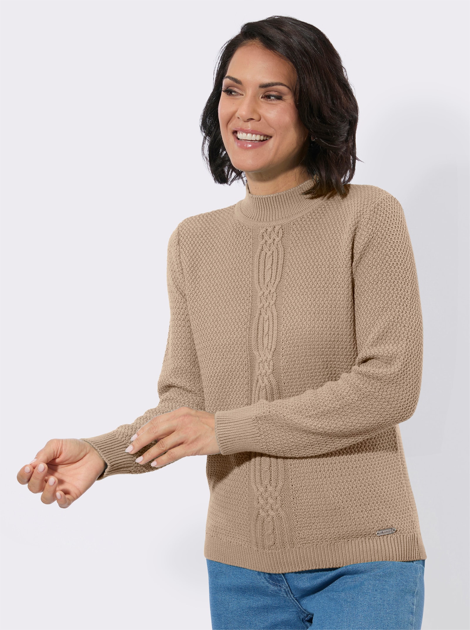 Rollkragenpullover mit Strickmuster vorne - beige