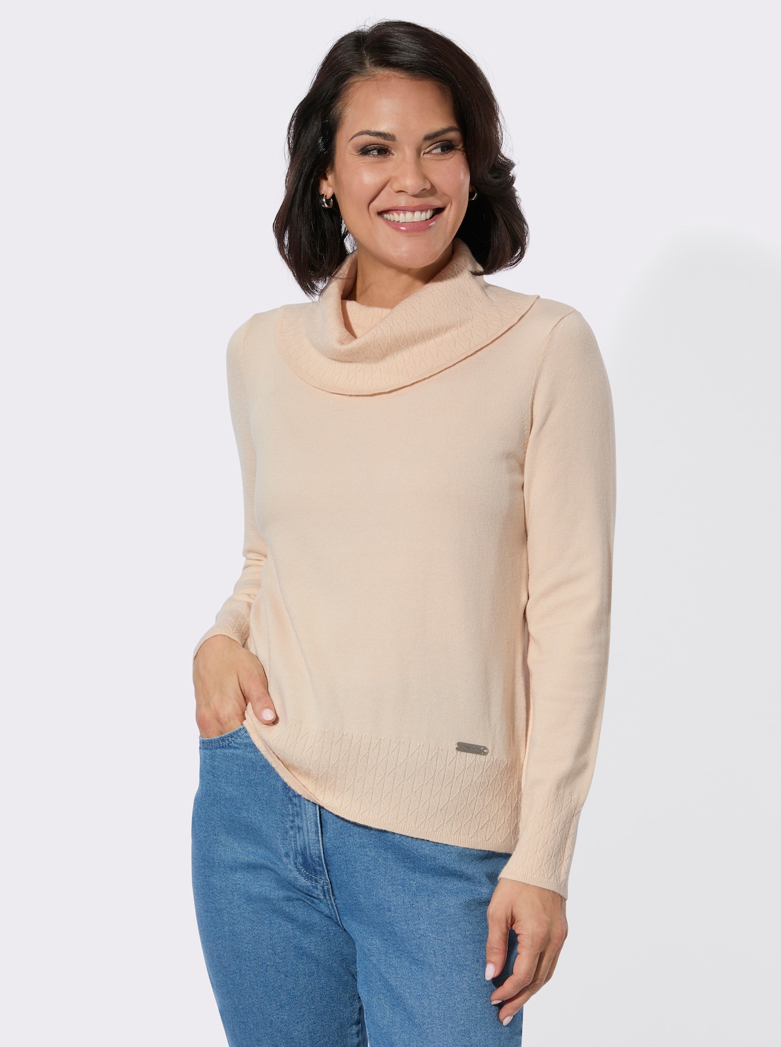 Rollkragenpullover mit Strickmuster rundum - elfenbein