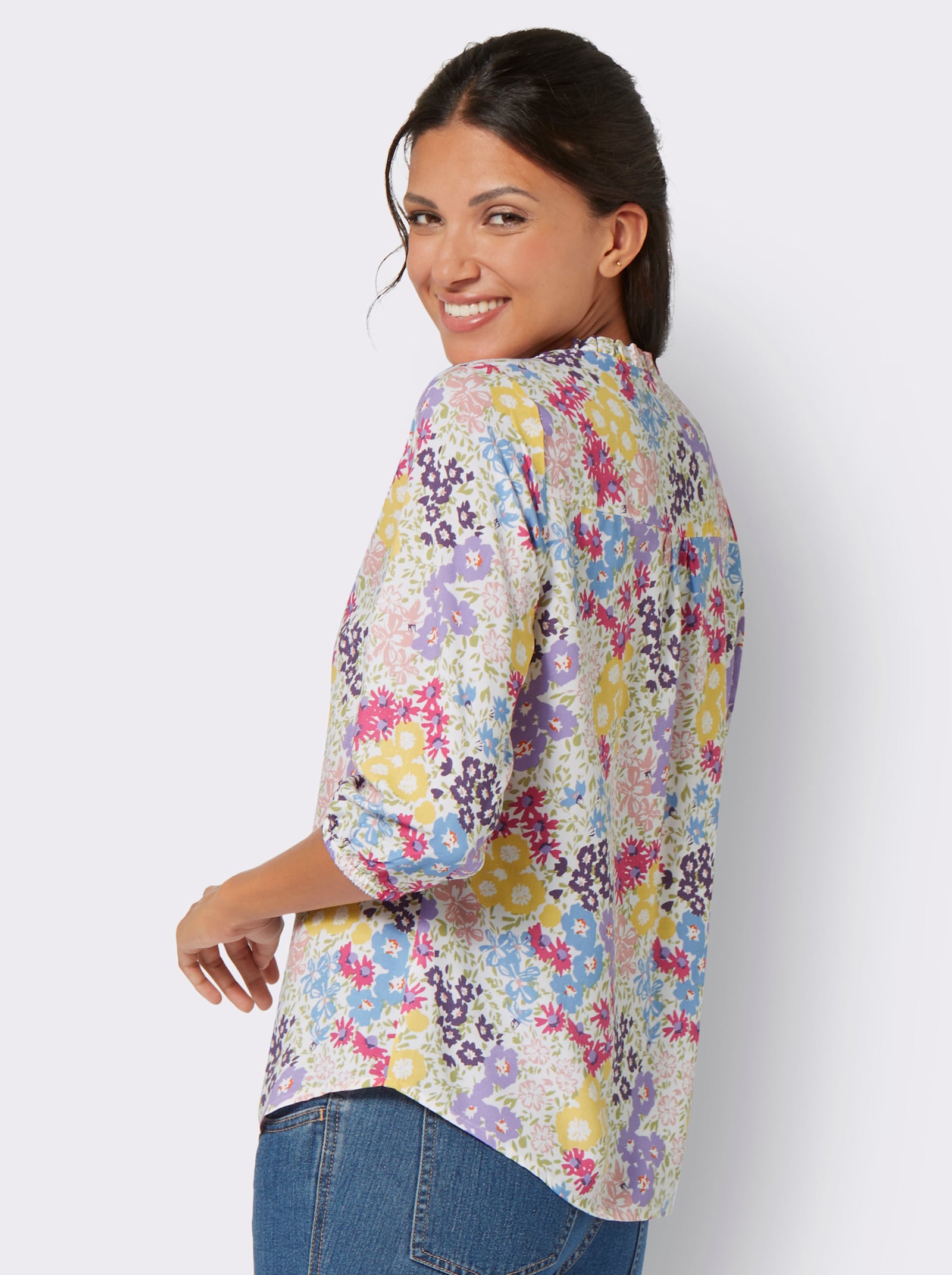 Schlupfbluse im bunten Blütenmuster - ecru-flieder-bedruckt