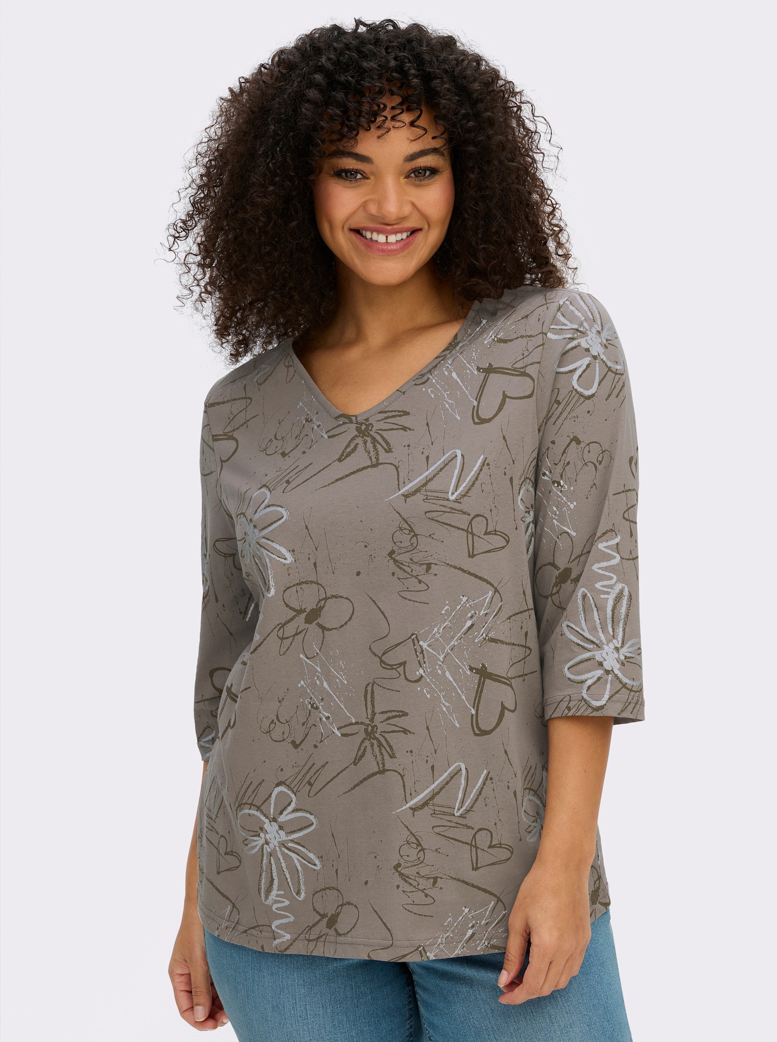 3/4-Arm-Shirt mit Herzen und Blüten verziert - taupe