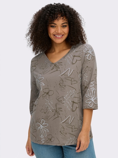 3/4-Arm-Shirt mit Herzen und Blüten verziert - taupe