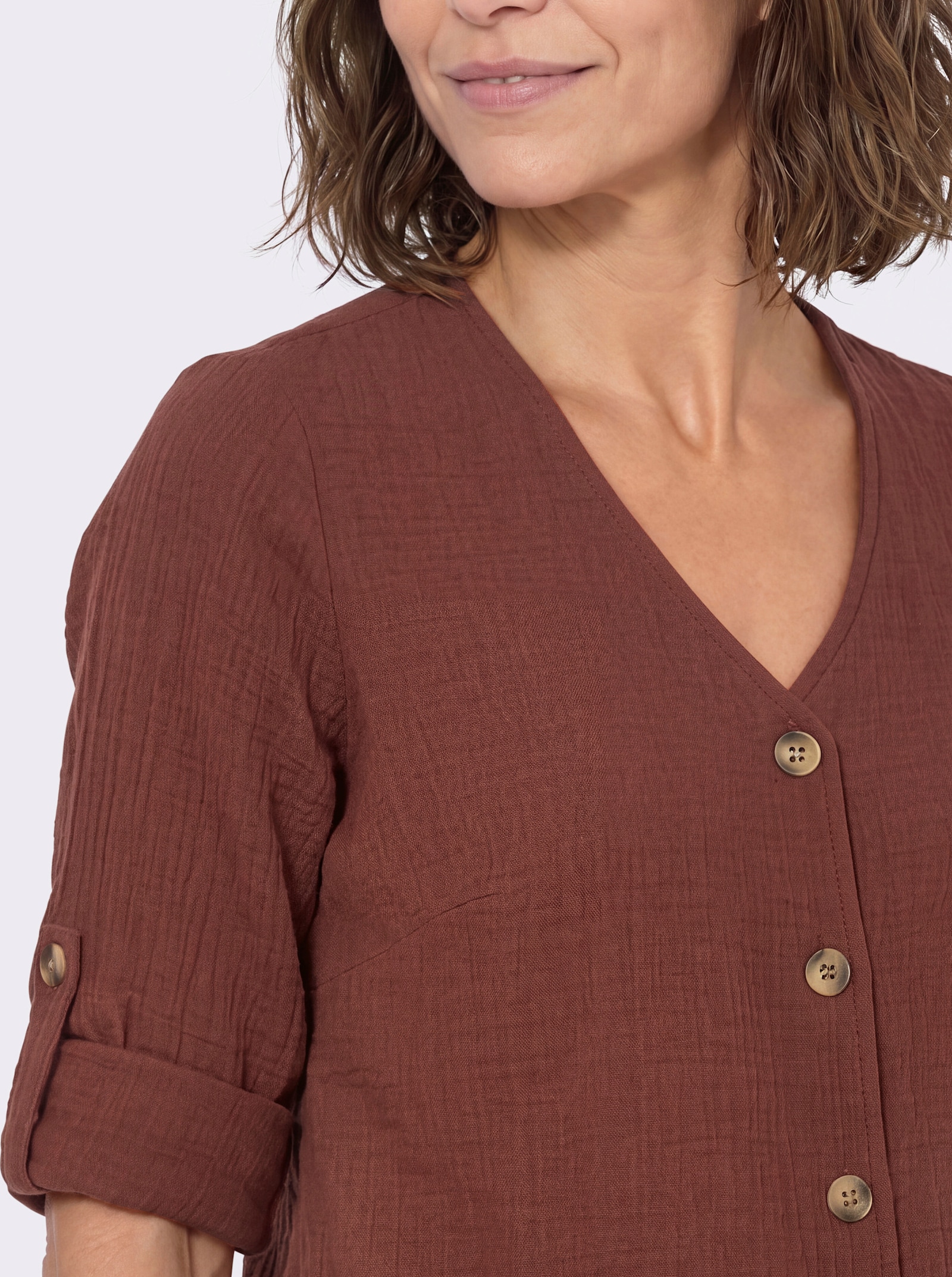 3/4-Arm-Bluse mit Krempelfunktion - rotbraun