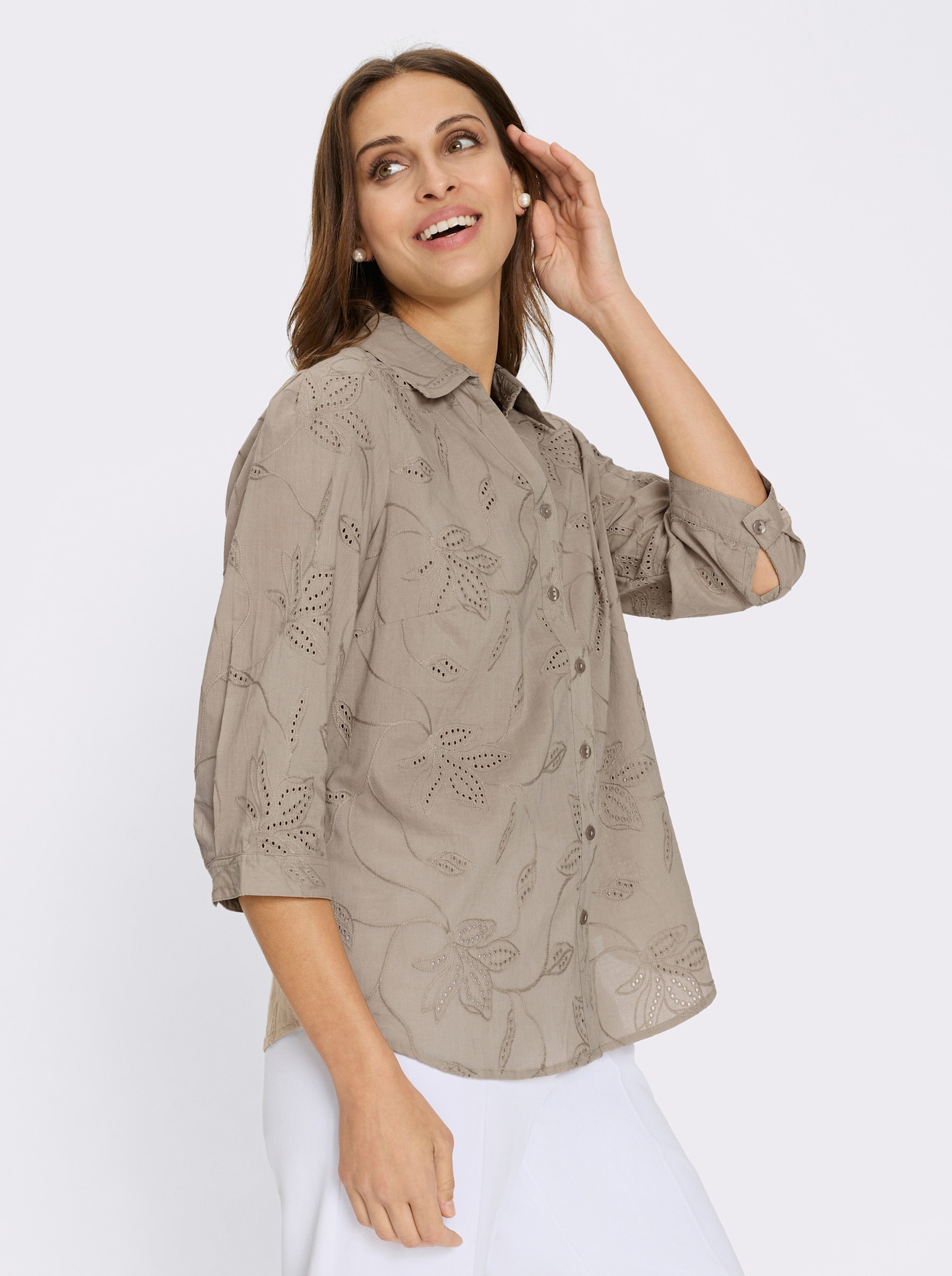 Baumwollbluse mit Madeira-Stickerei - sesam