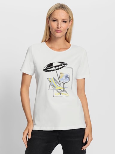 heine Kurzarmshirt mit Pailletten und Glitzersteinen - weiß-marine-bedruckt