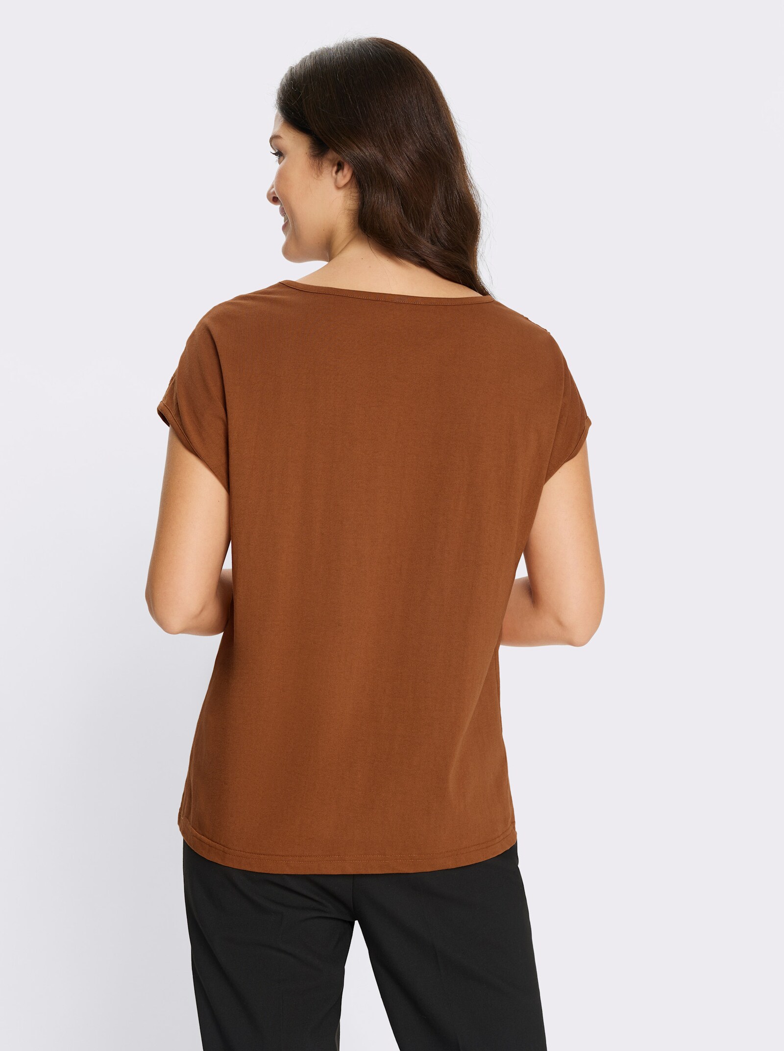 Kurzarmshirt mit Lochstickerei-Einsatz - cognac
