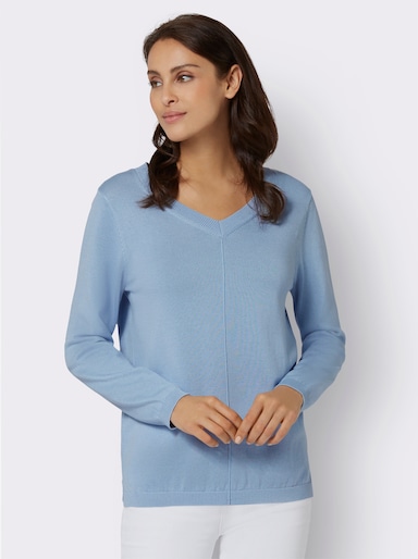 V-Ausschnitt-Pullover mit Biesen vorne - eisblau