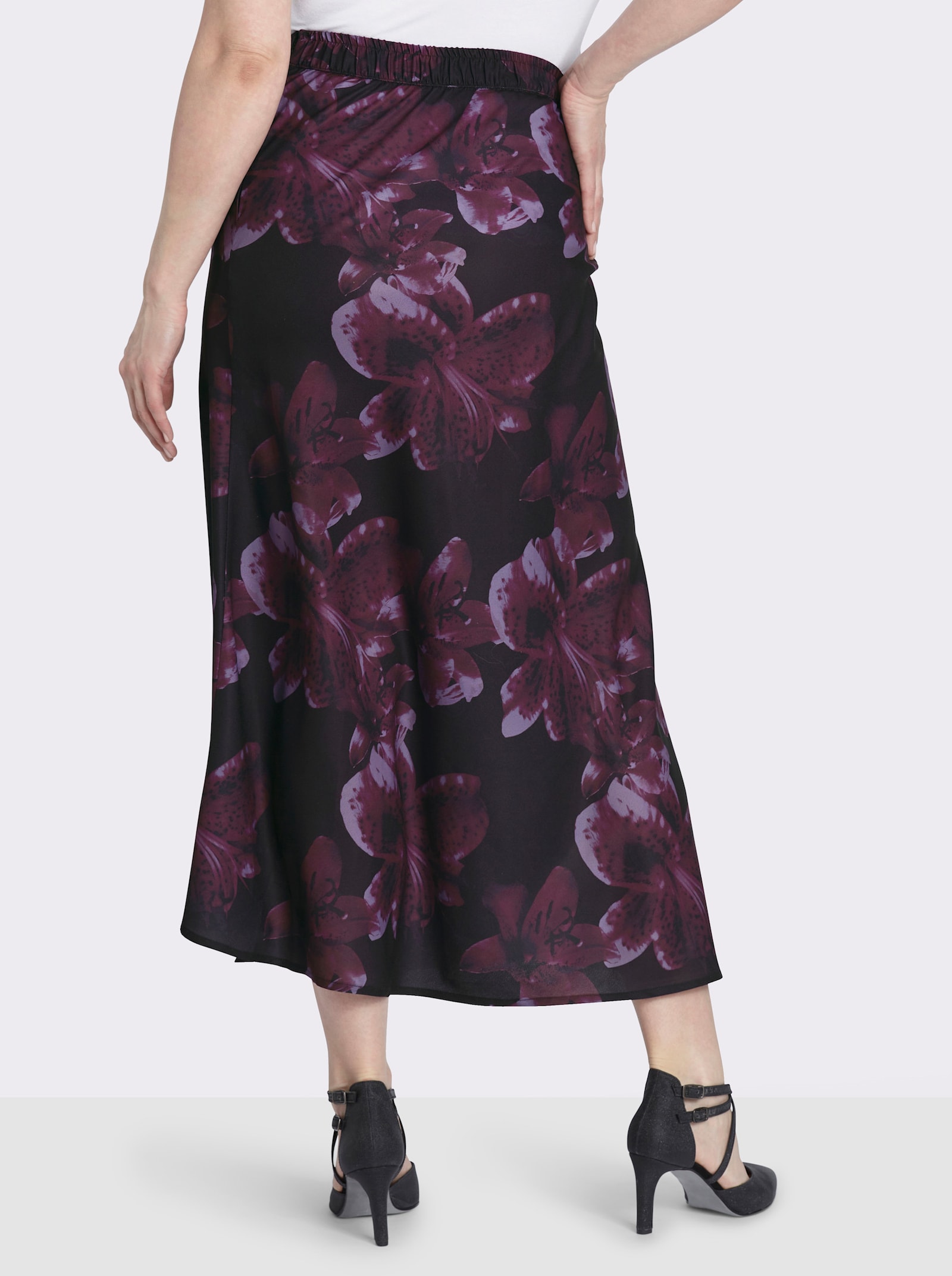 sheego Satinrock mit floralem Alloverprint - schwarz-burgund-bedruckt