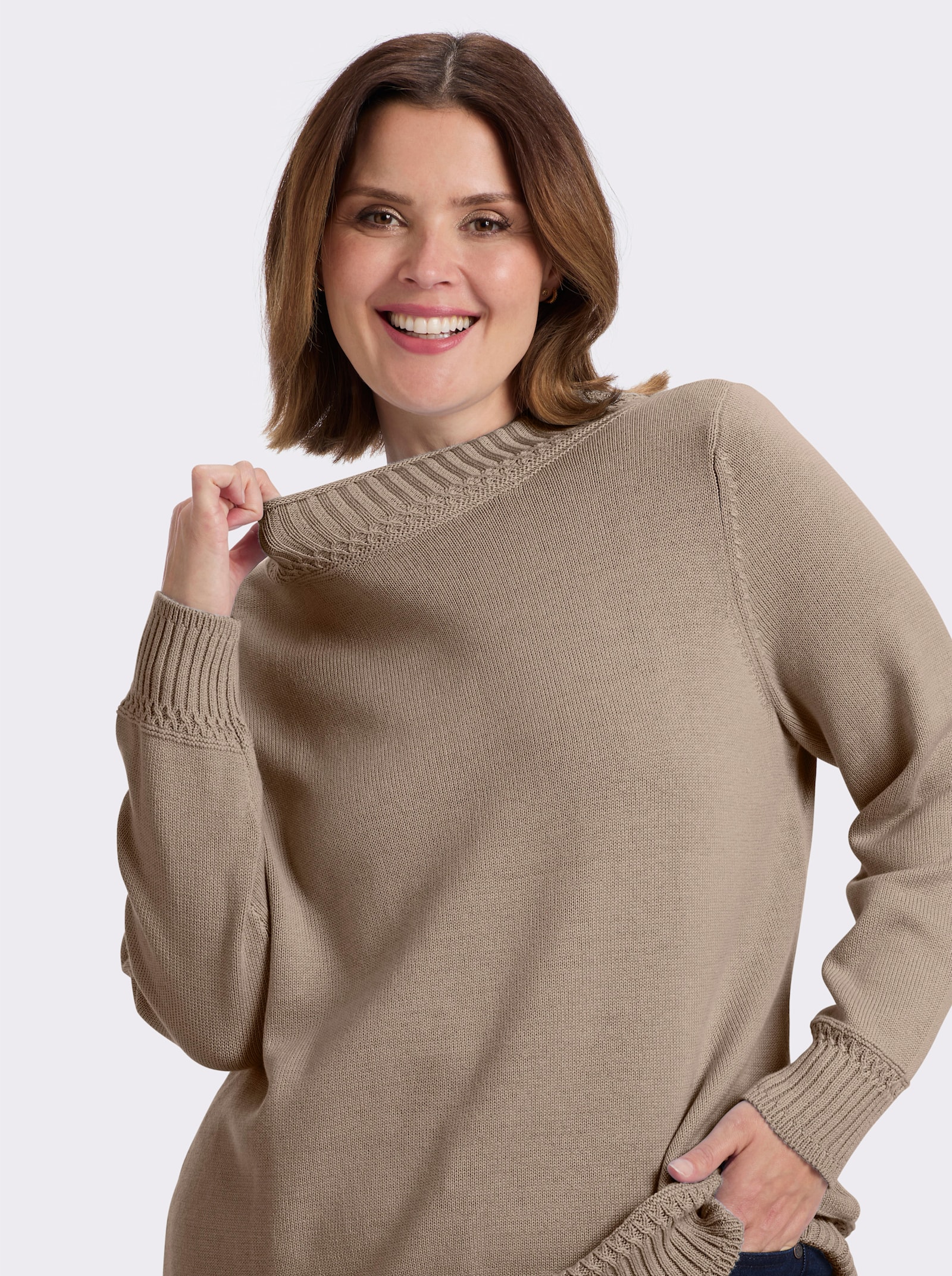 Stehkragenpullover mit Ripp-Abschlüssen - sesam