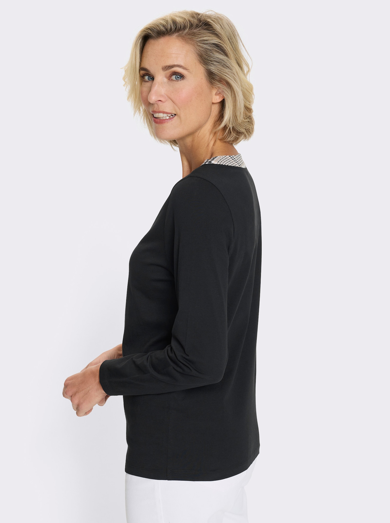 Langarmshirt mit Bindeband und Ösen - schwarz