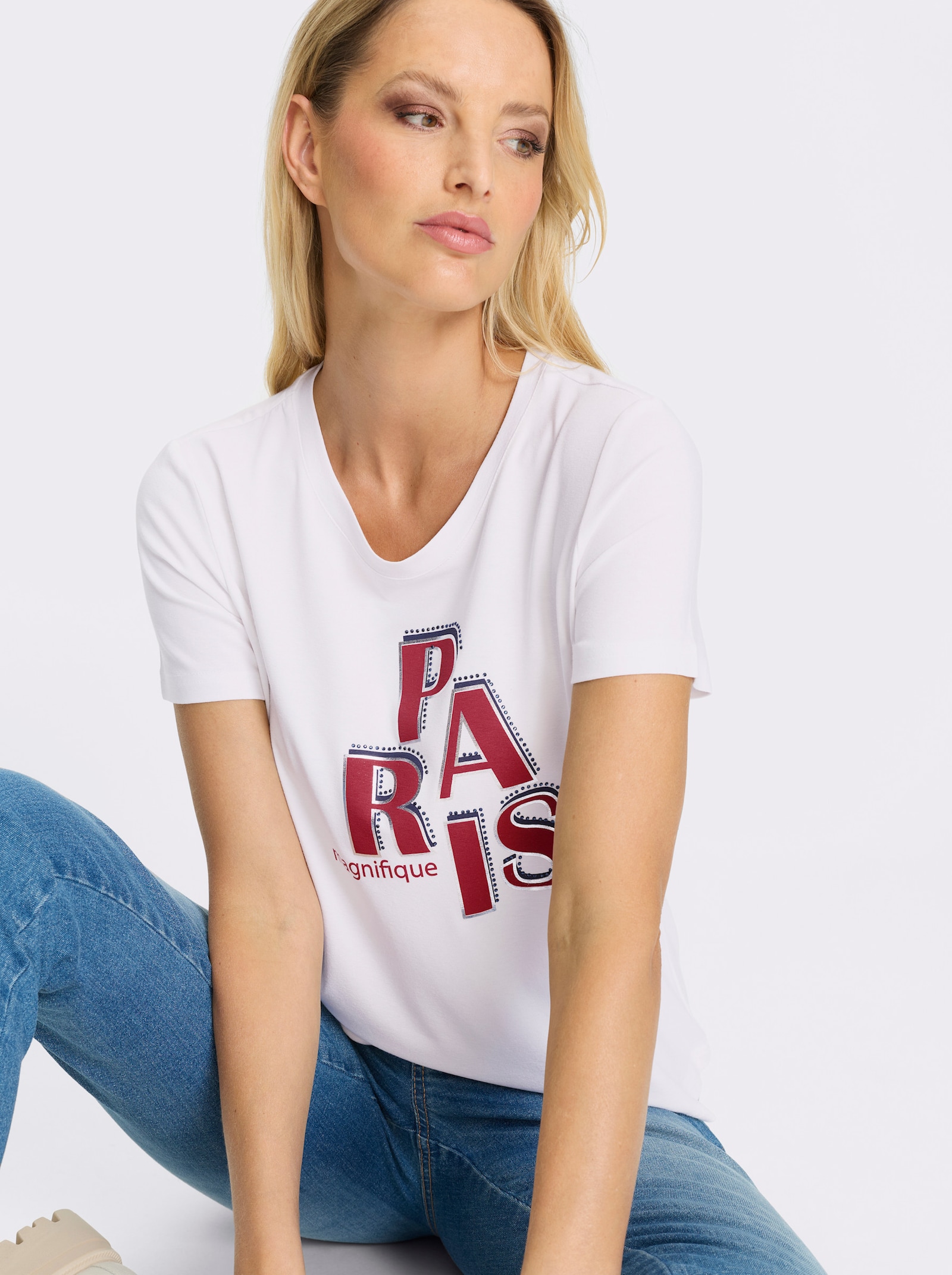 heine Kurzarmshirt mit Schriftzug - weiß-erdbeere