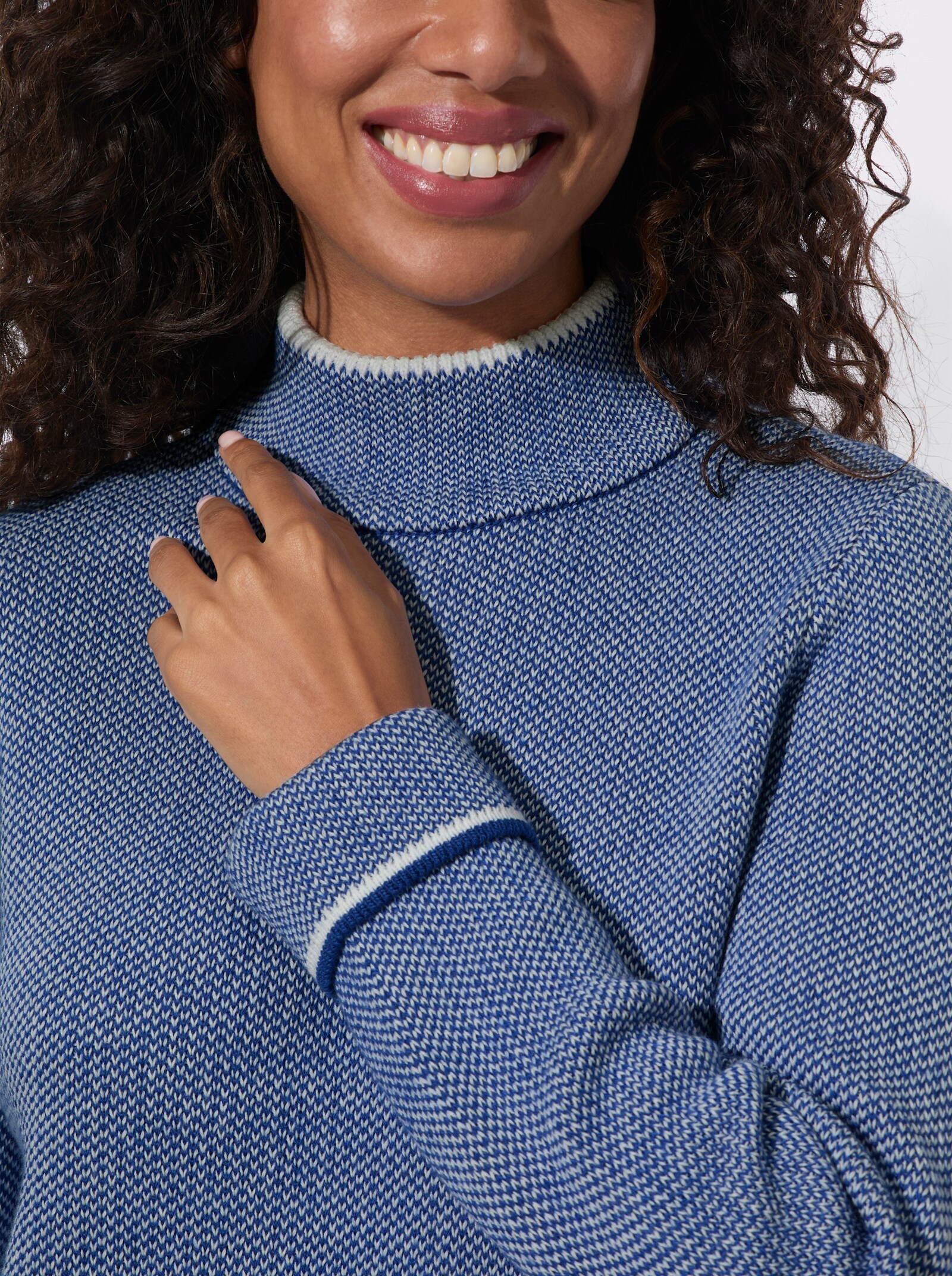 Stehkragenpullover mit Strickmuster - royalblau-ecru-meliert