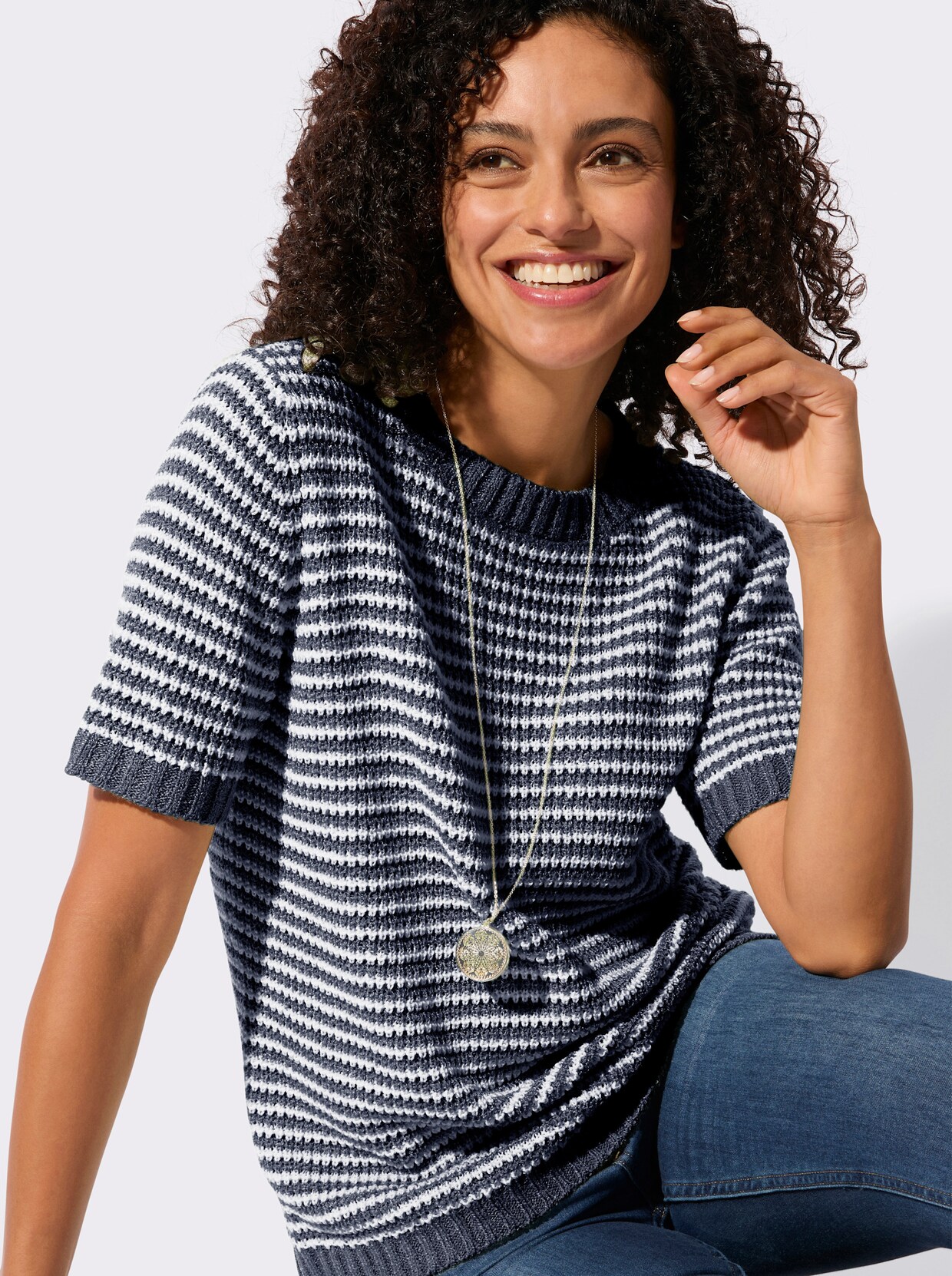 Kurzarmpullover - marine-ecru-geringelt