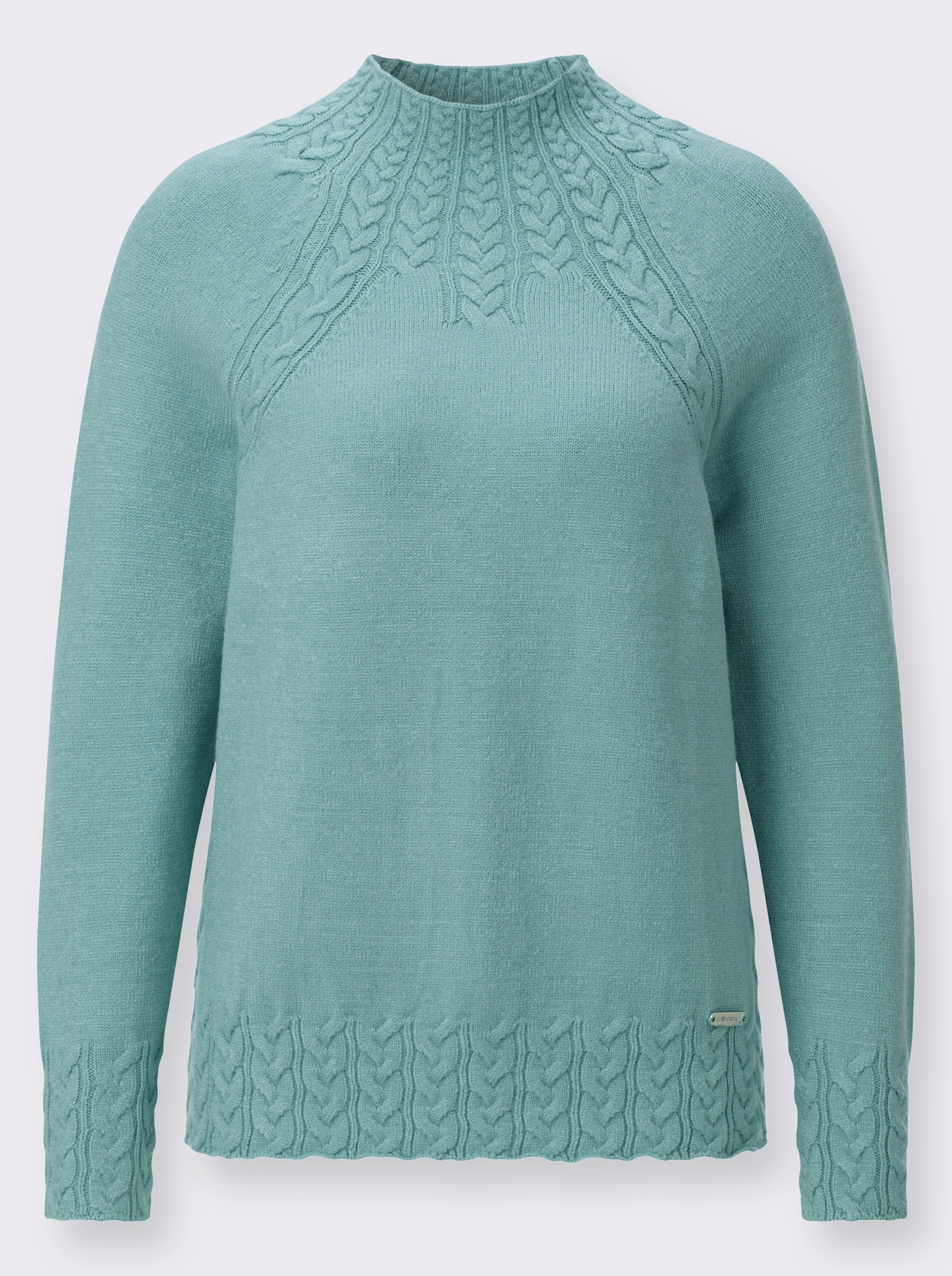 Stehkragenpullover mit Zopfmuster vorn - salbei