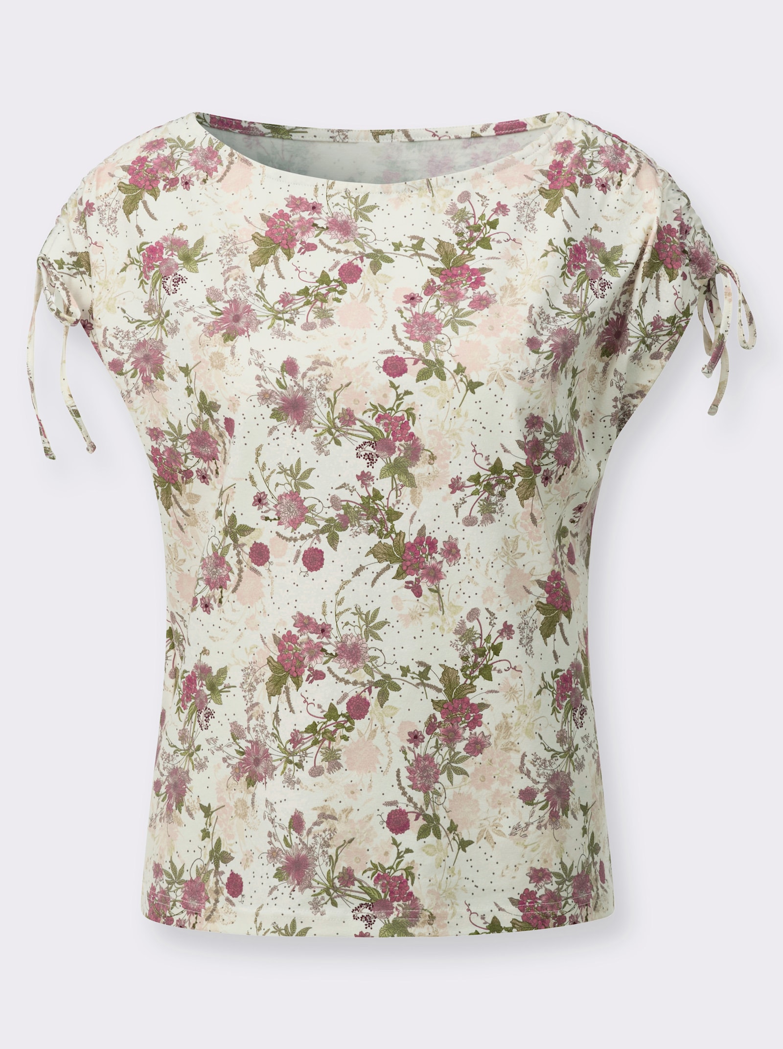 Kurzarmshirt mit Raffungen - champagner-hortensie-bedruckt