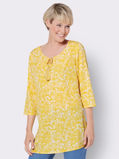 Longline blouse - zonnegeel/wit bedrukt