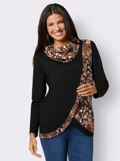 Longshirt mit floralem Druck - schwarz-cognac-bedruckt