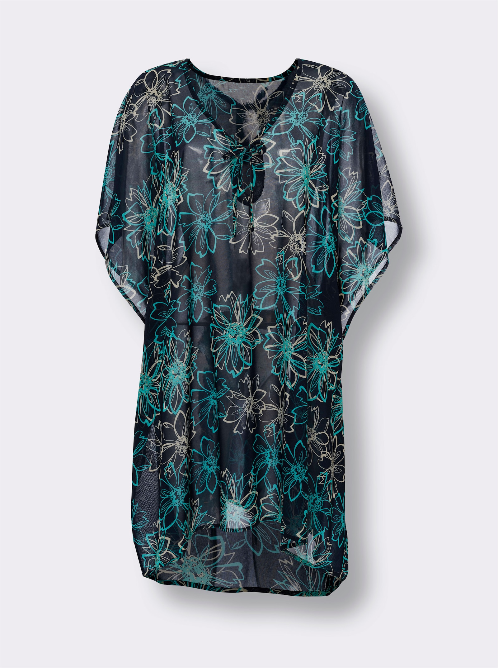 Strandkleid in Kaftan-Form - marine-türkis-bedruckt
