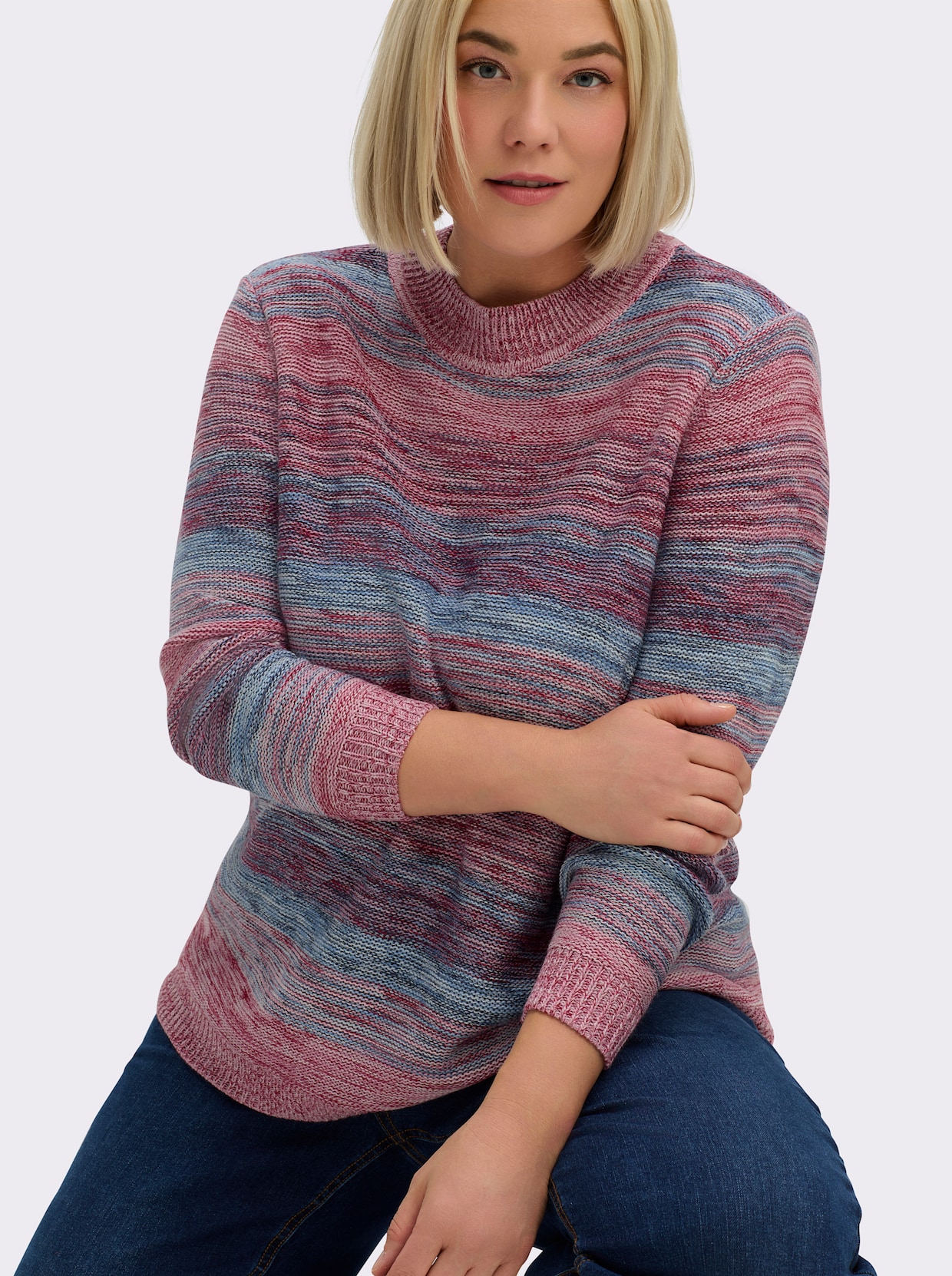 Stehkragenpullover in Melange-Optik - altrosa-mittelblau-meliert