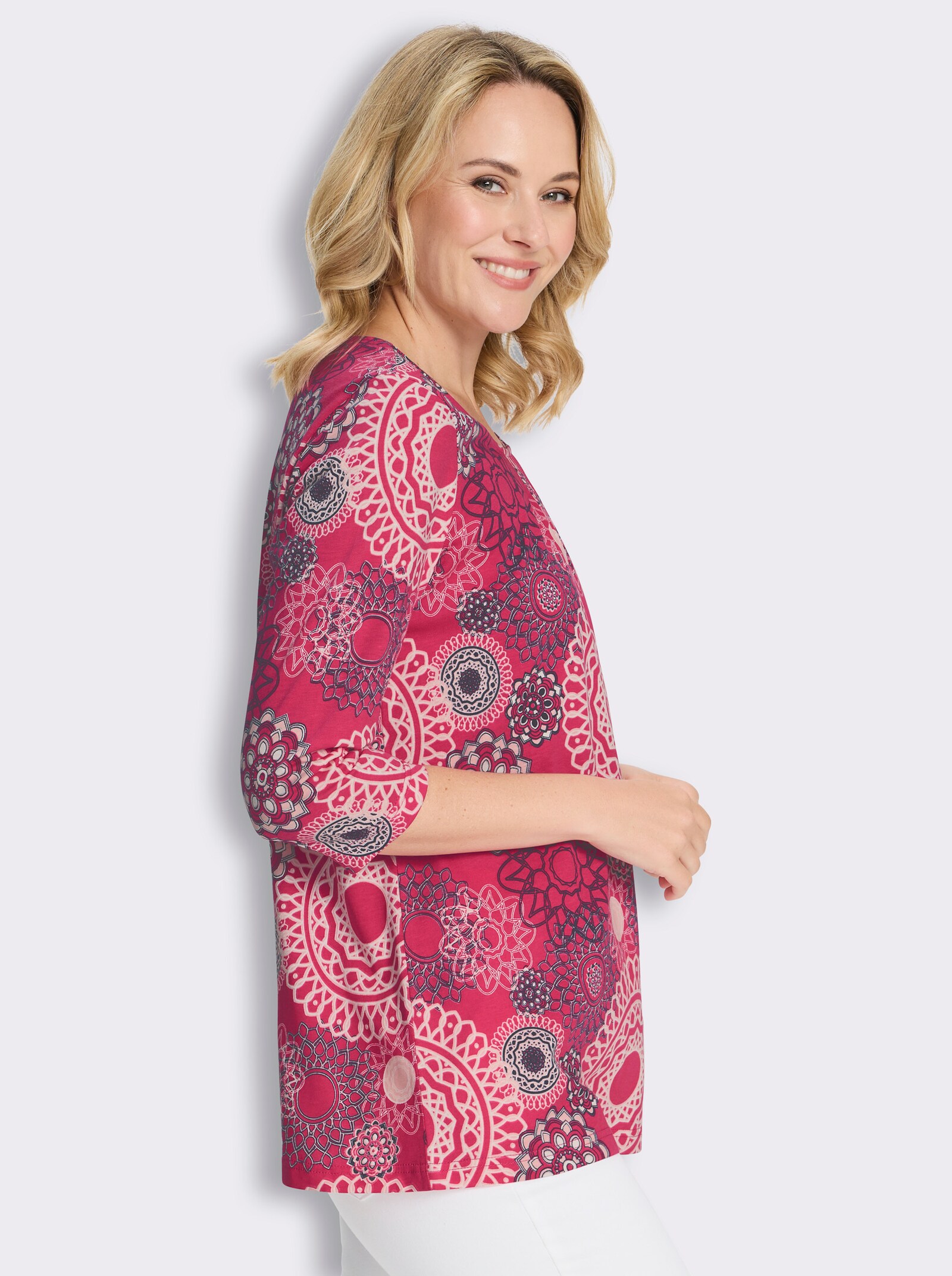 Longshirt mit Falten am Ausschnitt - pink-ecru-bedruckt
