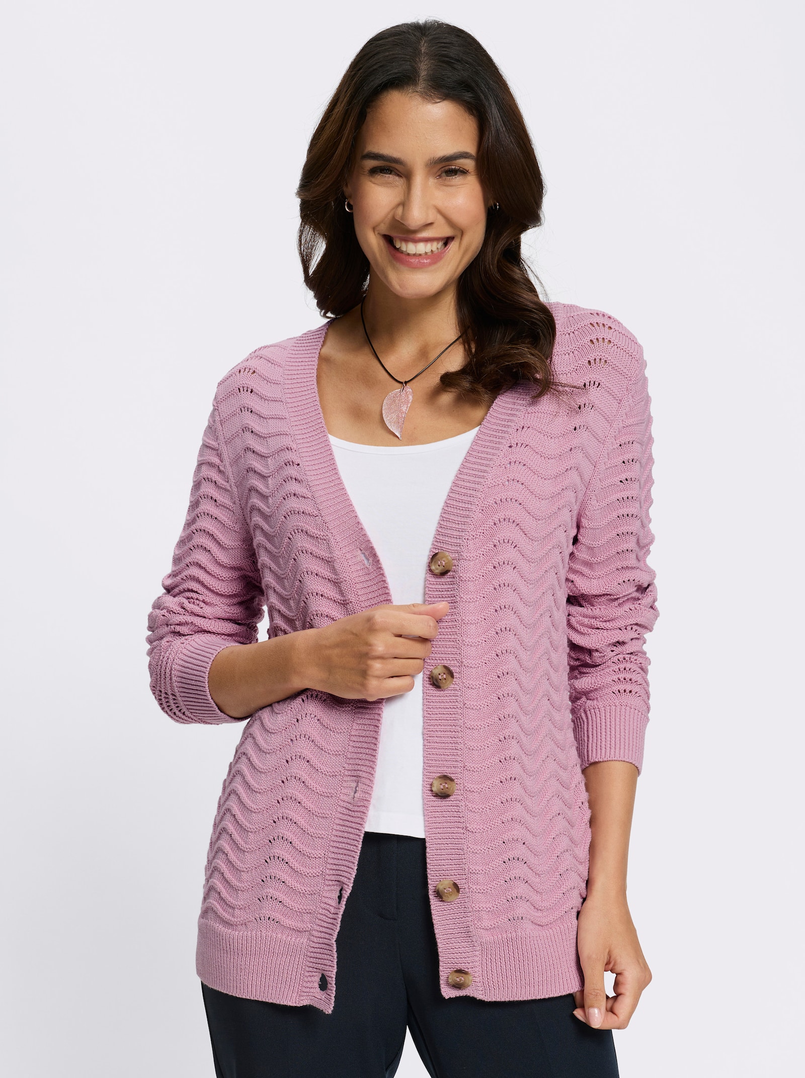 Strickjacke mit wellenförmigem Ajourmuster - rosé