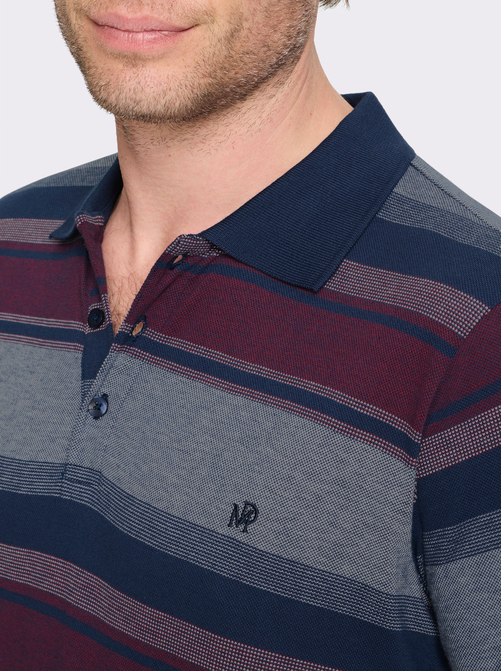 Marco Donati Langarm-Poloshirt mit Ellenbogen-Patches - dunkelblau-bordeaux-gestreift