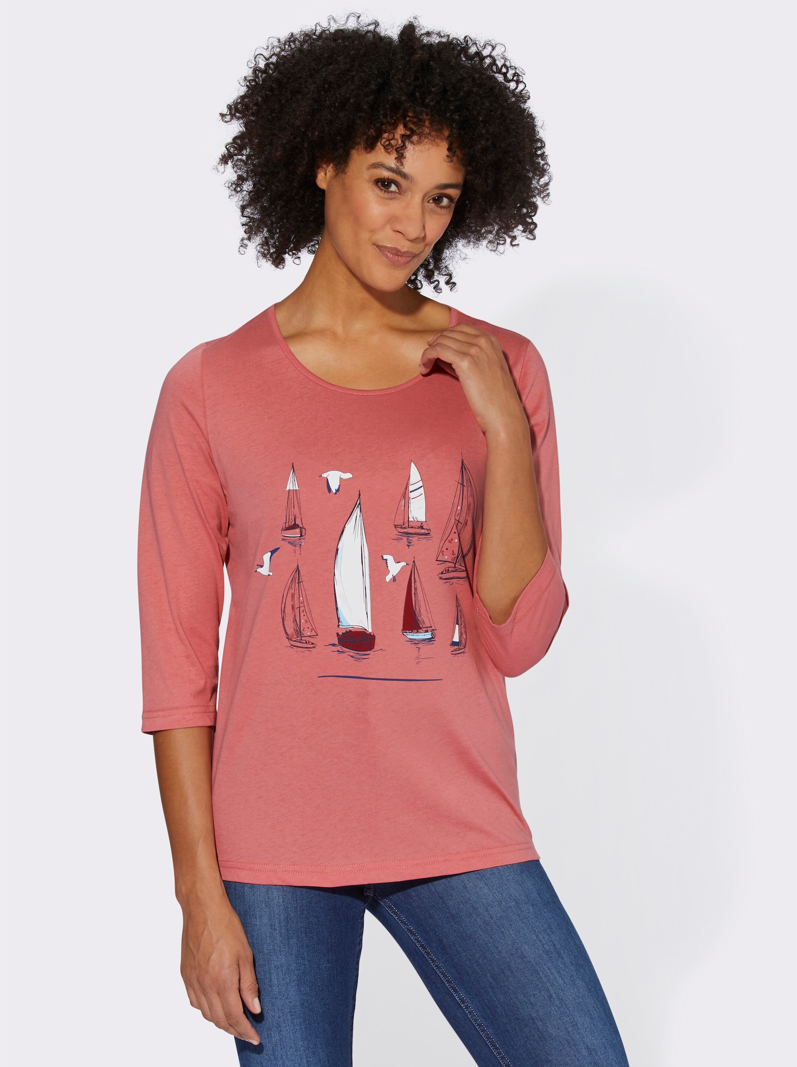 T-shirt à manches 3/4 avec motif voilier - rose flamant