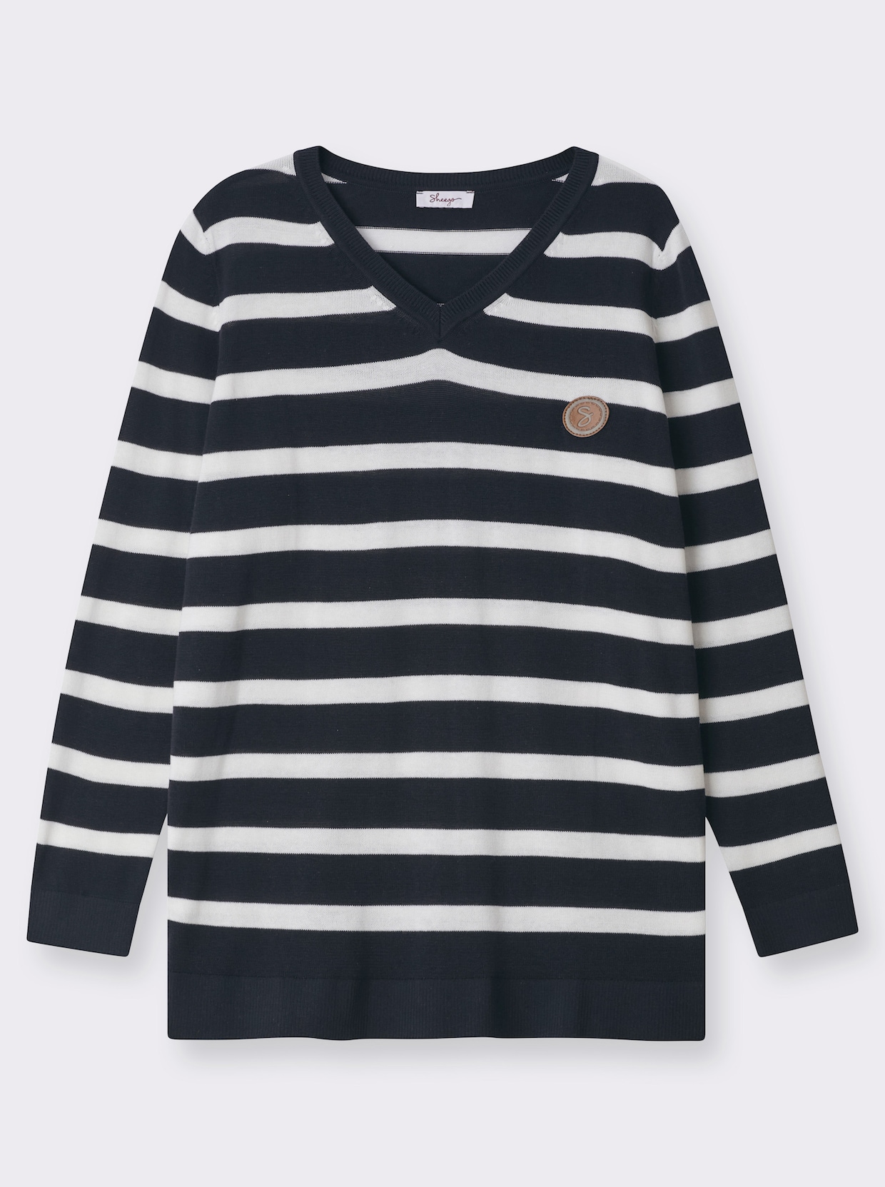 sheego Pull à rayures avec encolure en V - bleu foncé-blanc à rayures fines