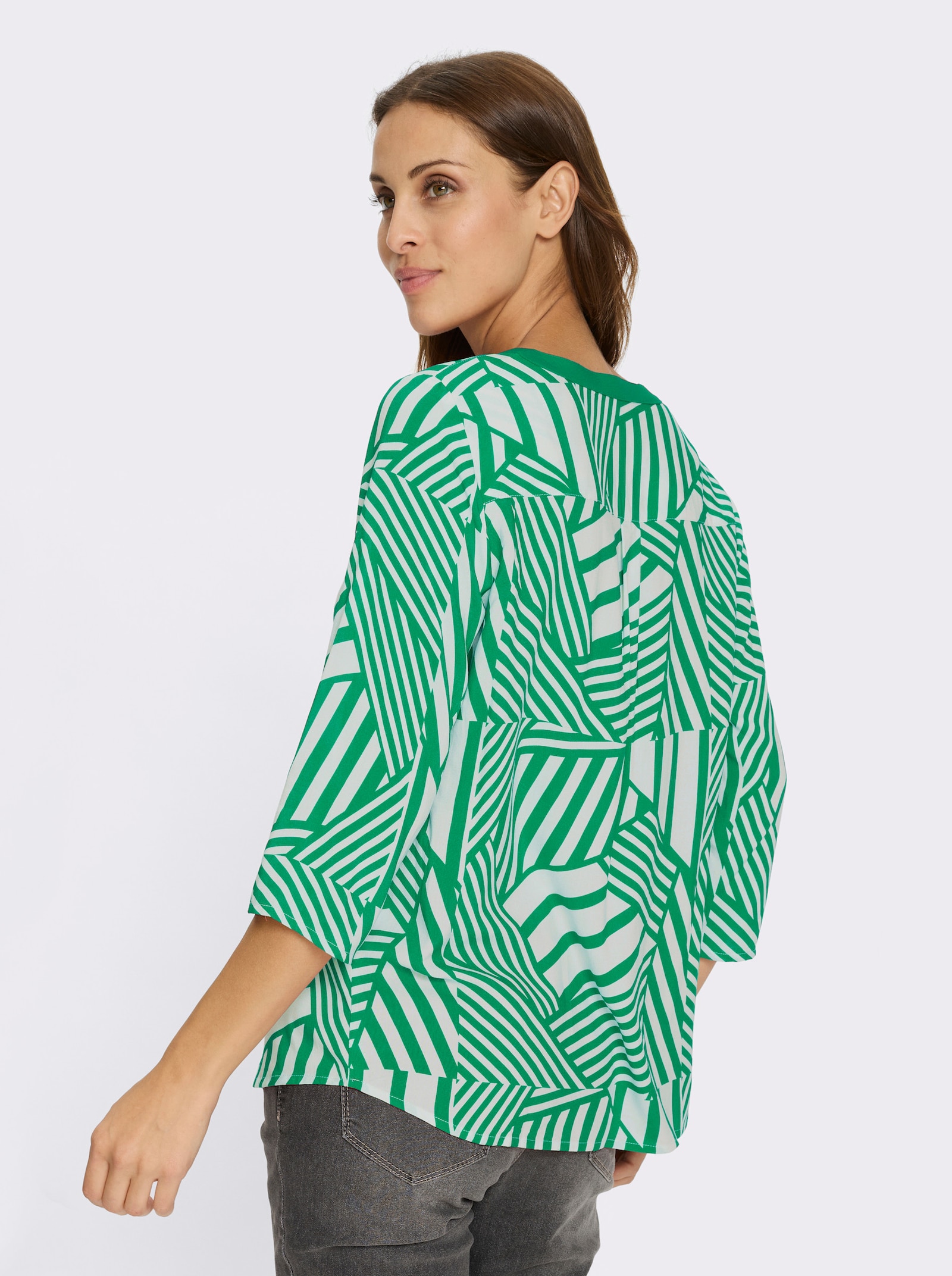 Schlupfbluse mit Falte hinten - grasgrün-weiß-bedruckt