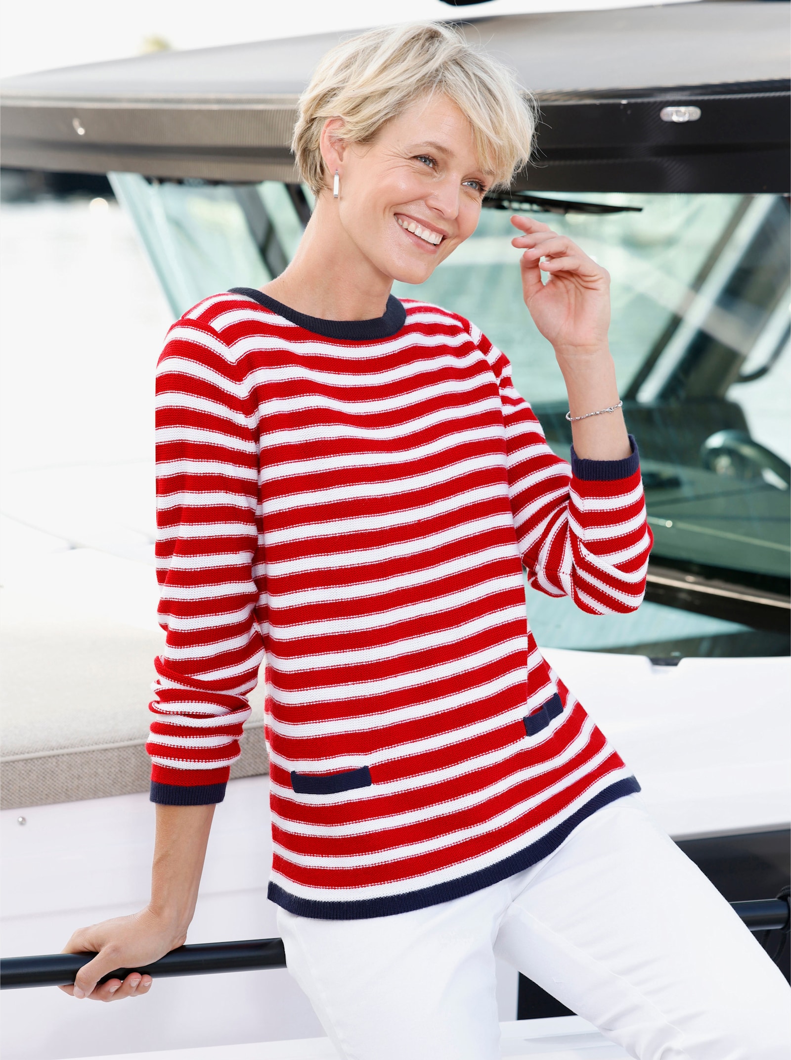 Rundhalspullover mit garngefärbtem Ringel - rot-weiß-geringelt