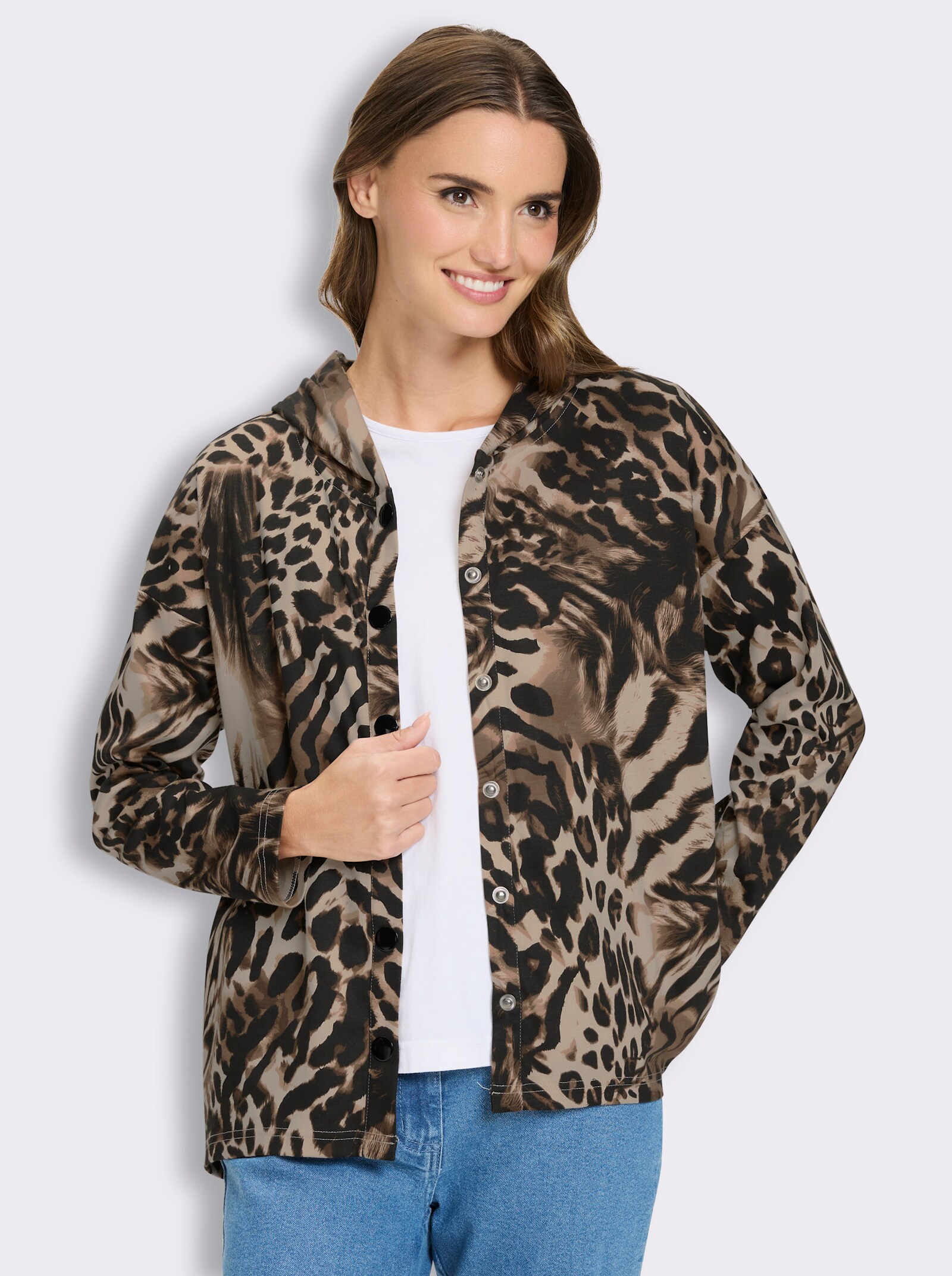 Sweatjacke mit Druckknopfleiste - schwarz-sand-bedruckt