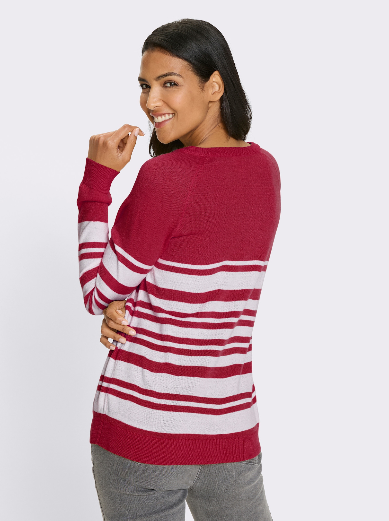 Langarm-Pullover mit goldfarbenen Knöpfen - rot-weiß-geringelt