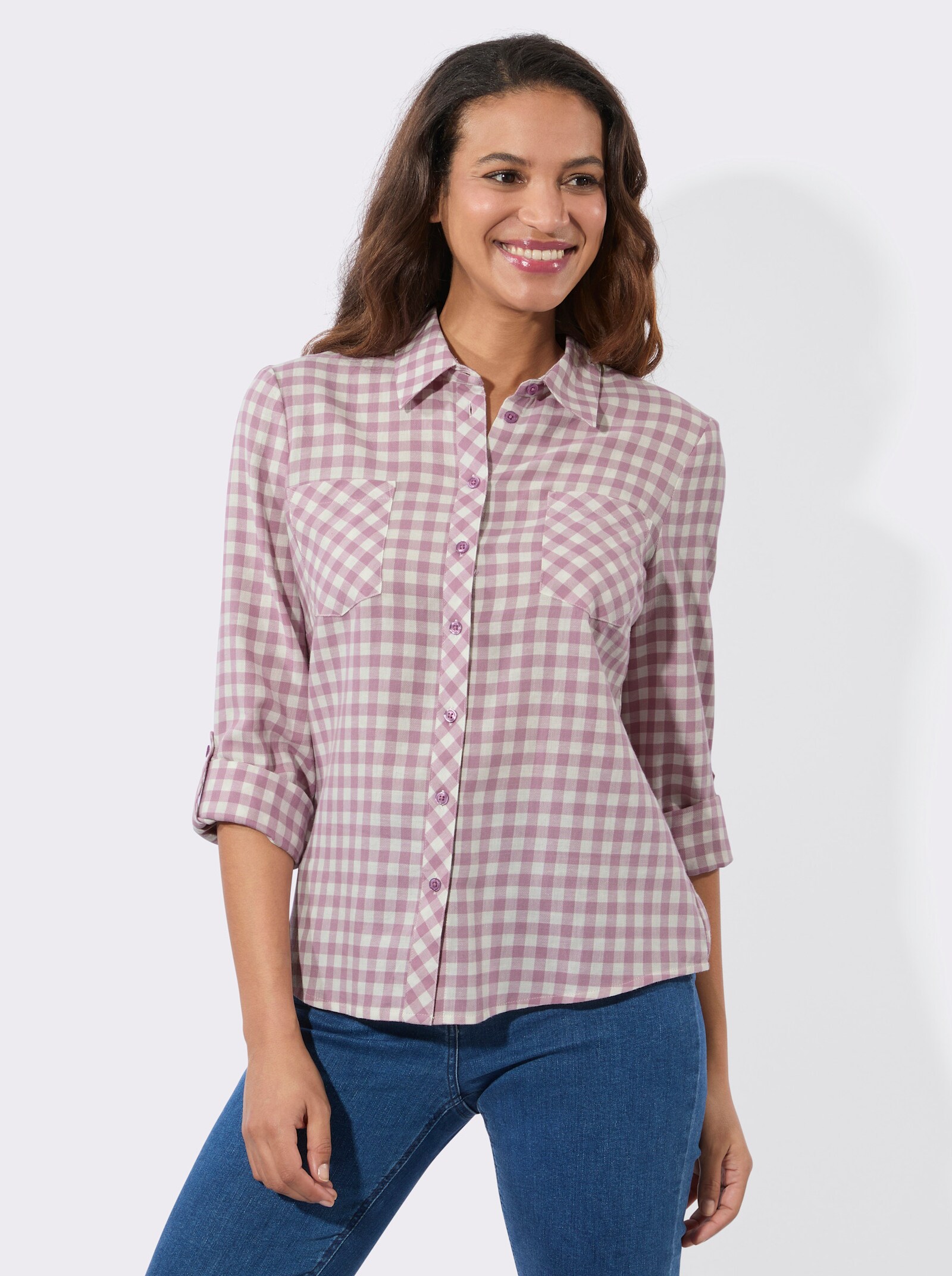 Flanellbluse im Karo-Dessin - mauve-ecru-kariert