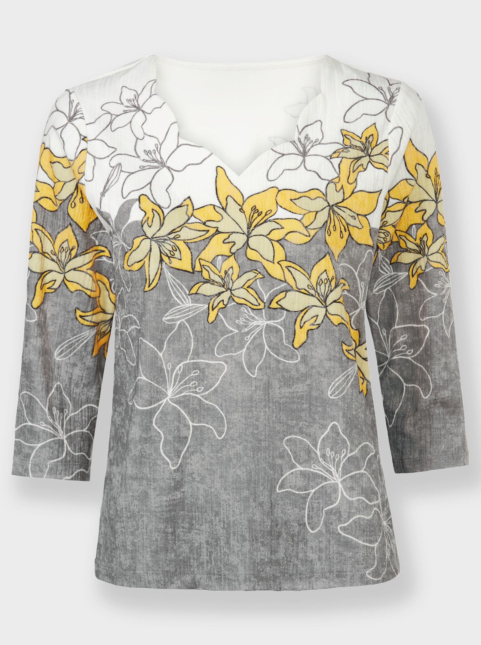 Print-Shirt mit gebogten Kanten - sonnengelb-schwarz-bedruckt