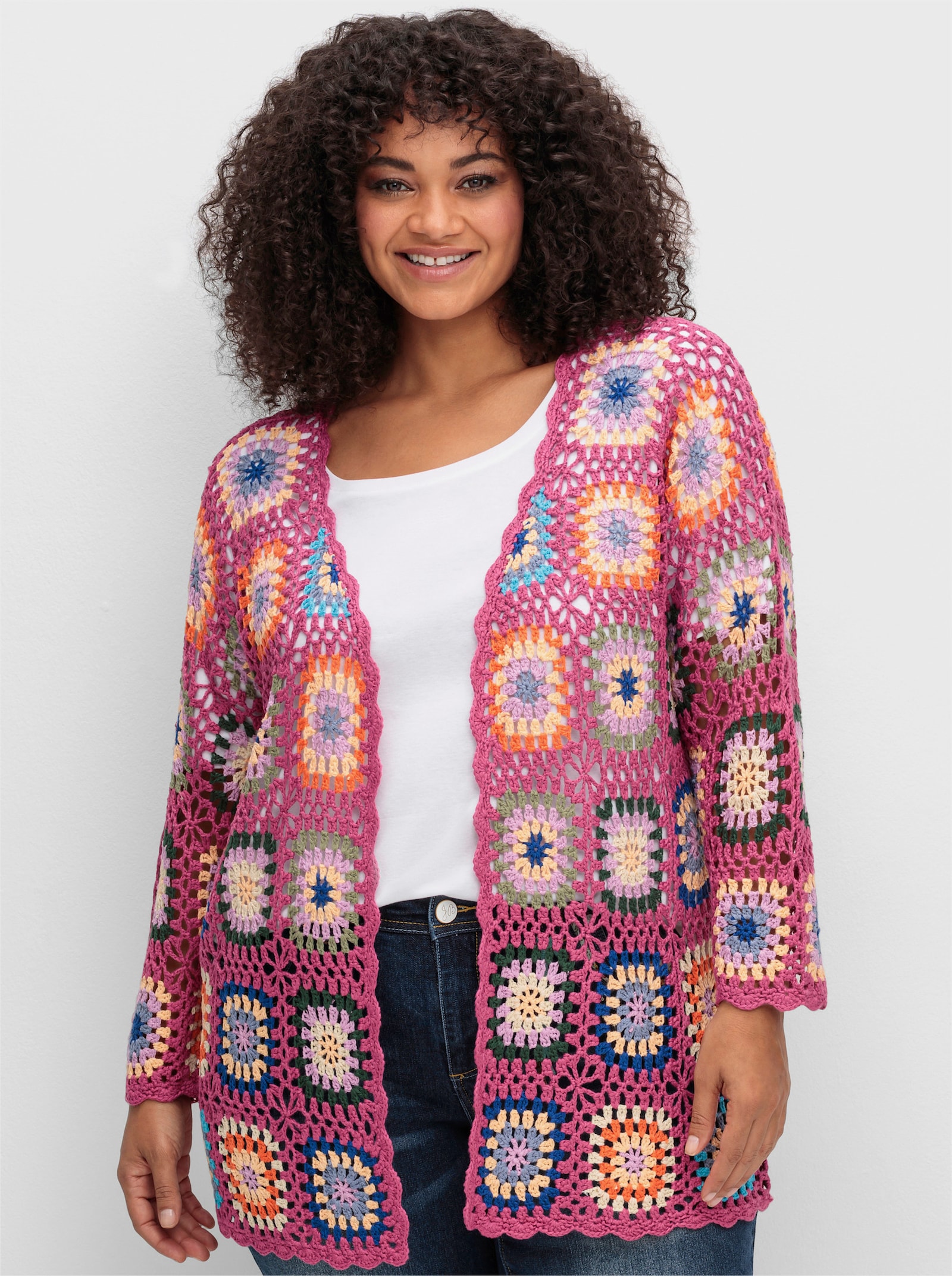 sheego by Joe Browns Lang vest met crochet-patroon - pink
