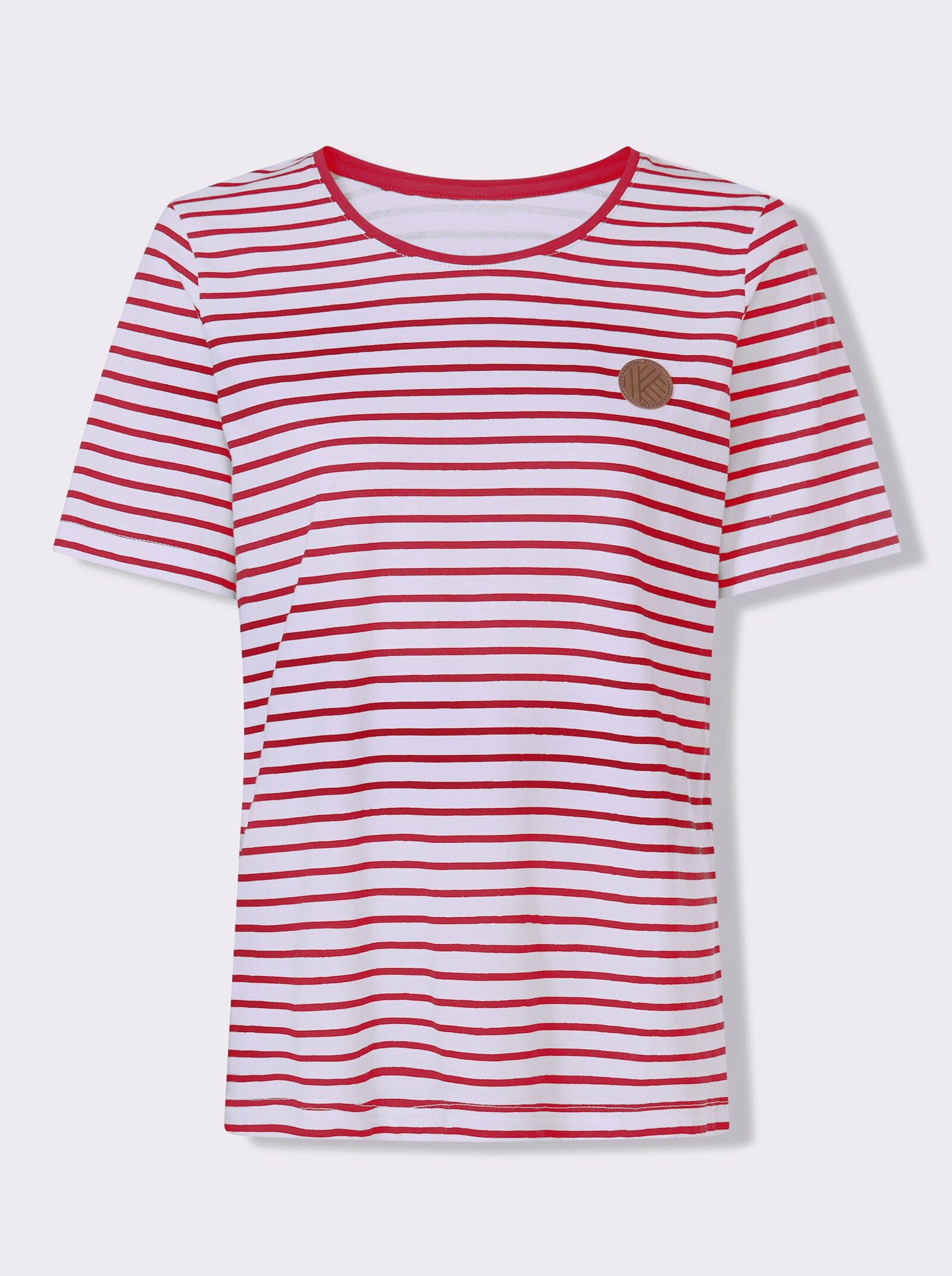 Proužkované tričko s nášivkou z imitace kůže - červená-bílá-proužek