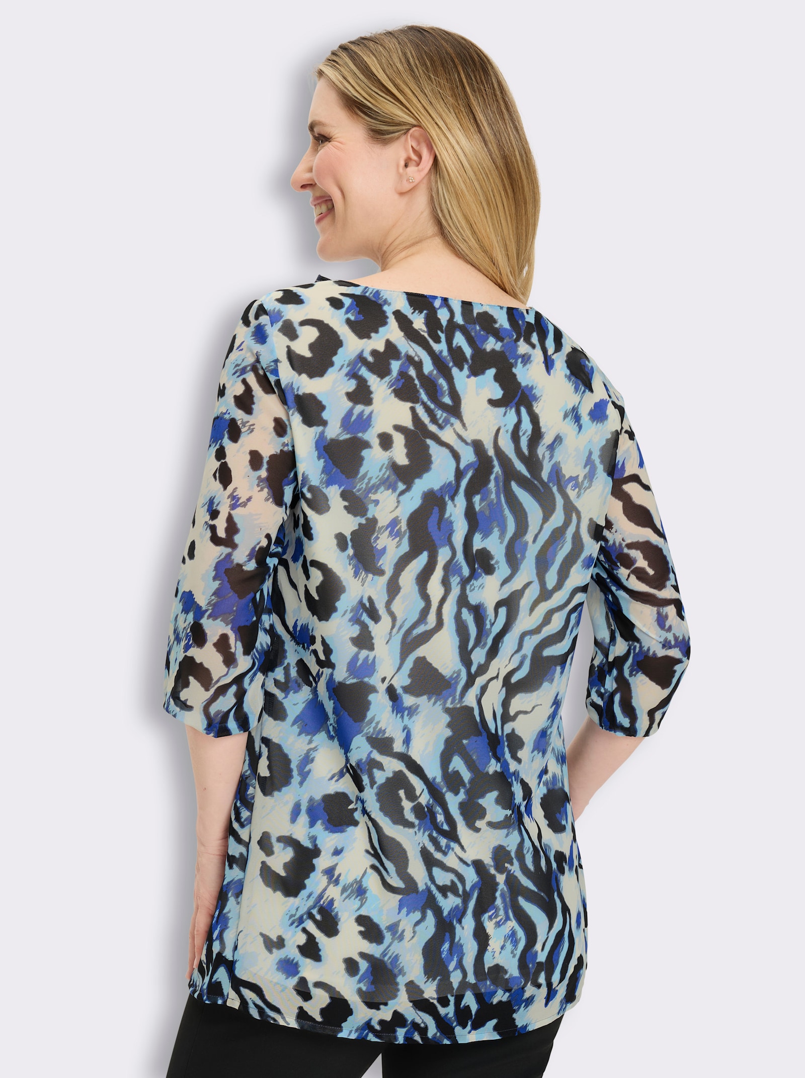 Longbluse im Animal-Dessin - champagner-royalblau-bedruckt