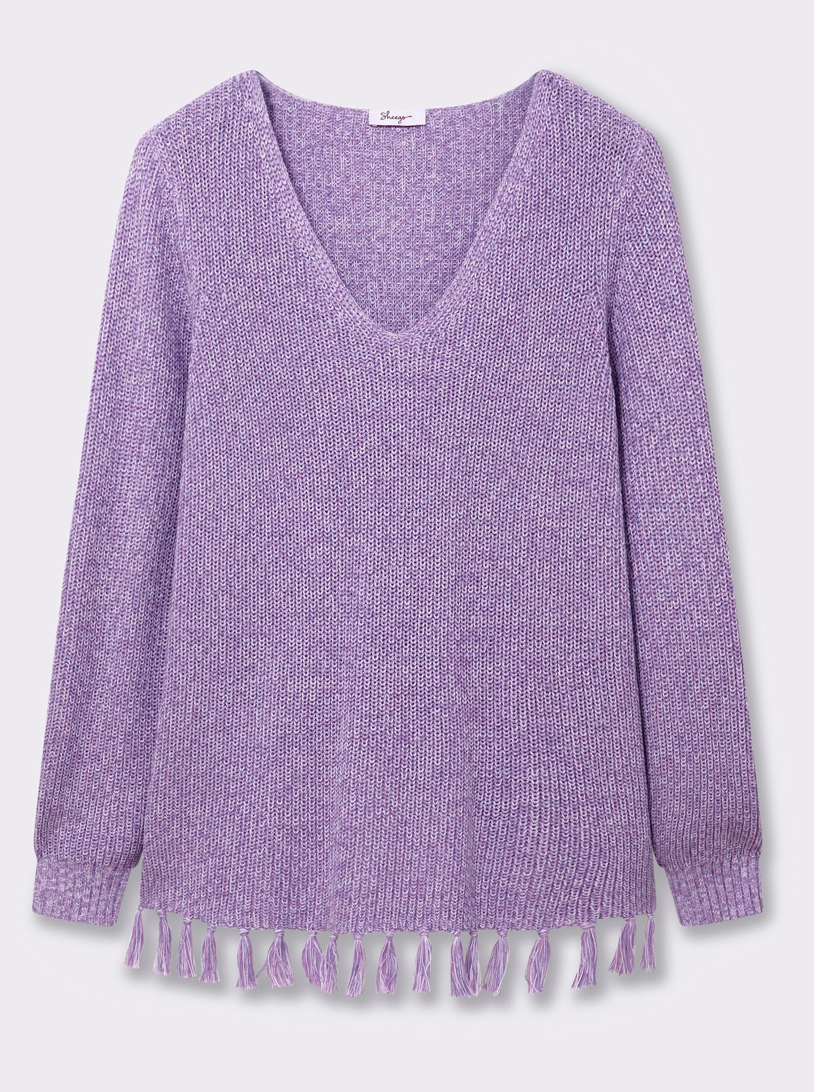 sheego V-Ausschnitt-Pullover mit Fransensaum - lavendel-meliert