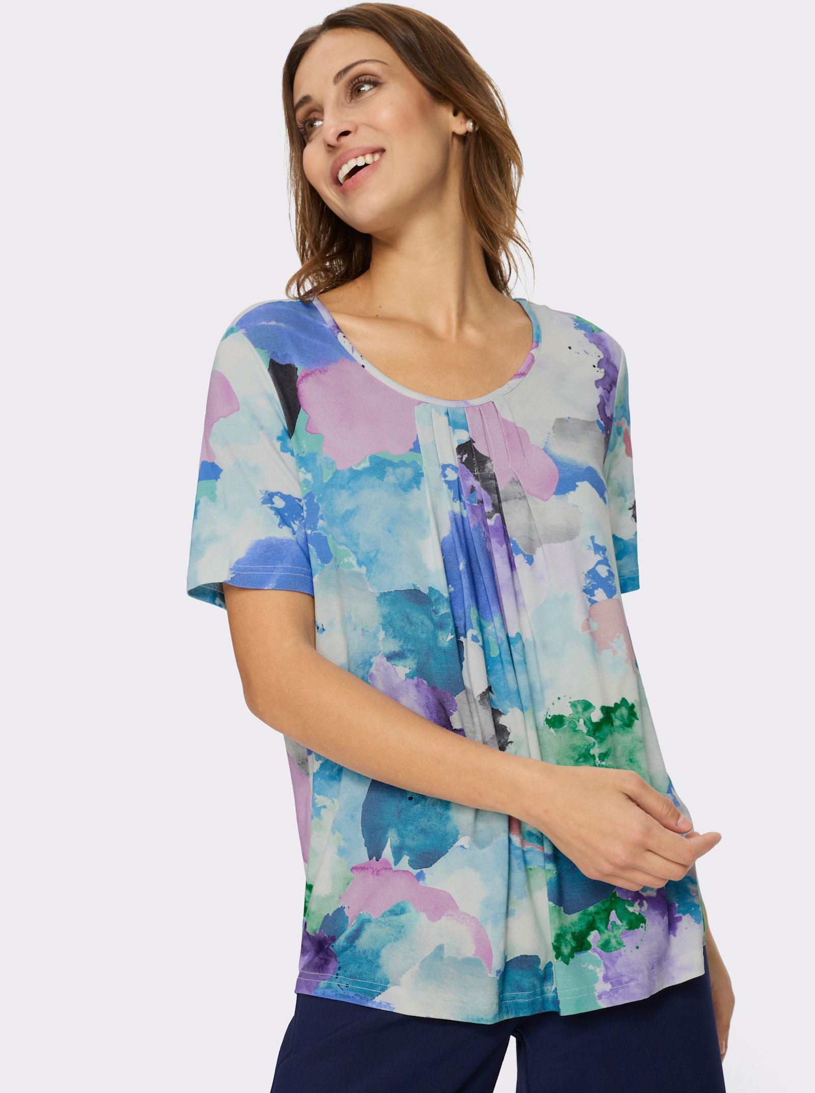 Kurzarmshirt mit Faltenpartie am Ausschnitt - eisblau-rosé-bedruckt