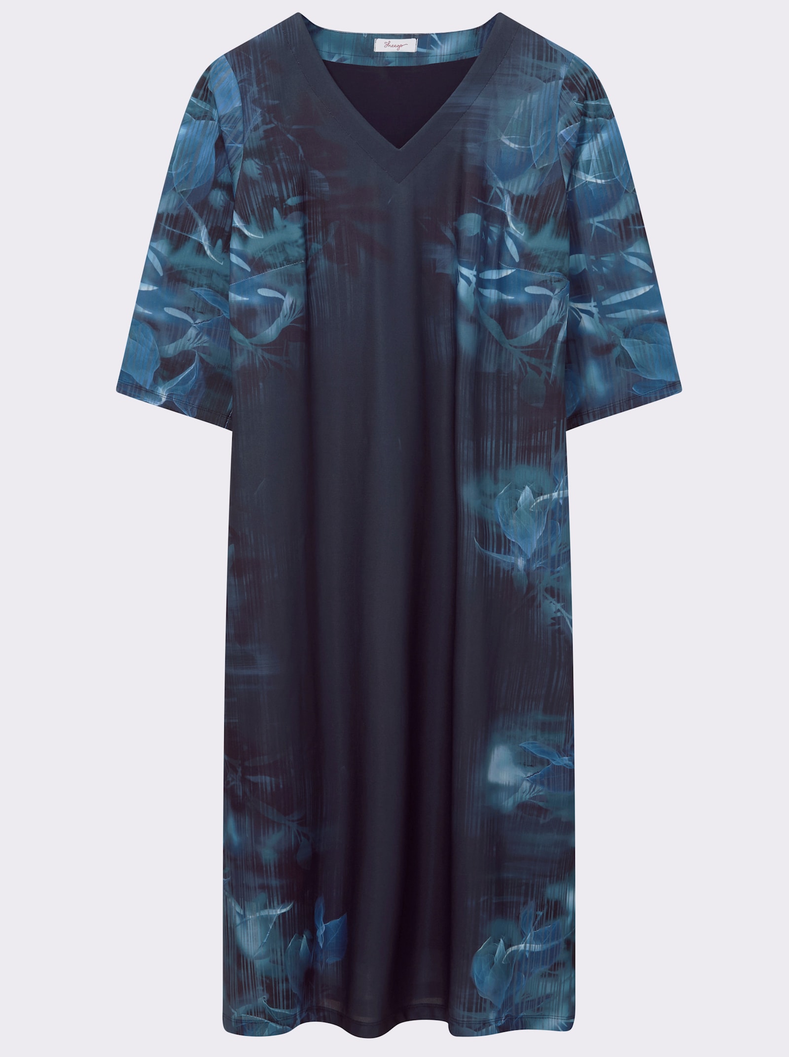 sheego Jerseykleid mit streckendem V-Ausschnitt - tiefblau-bedruckt