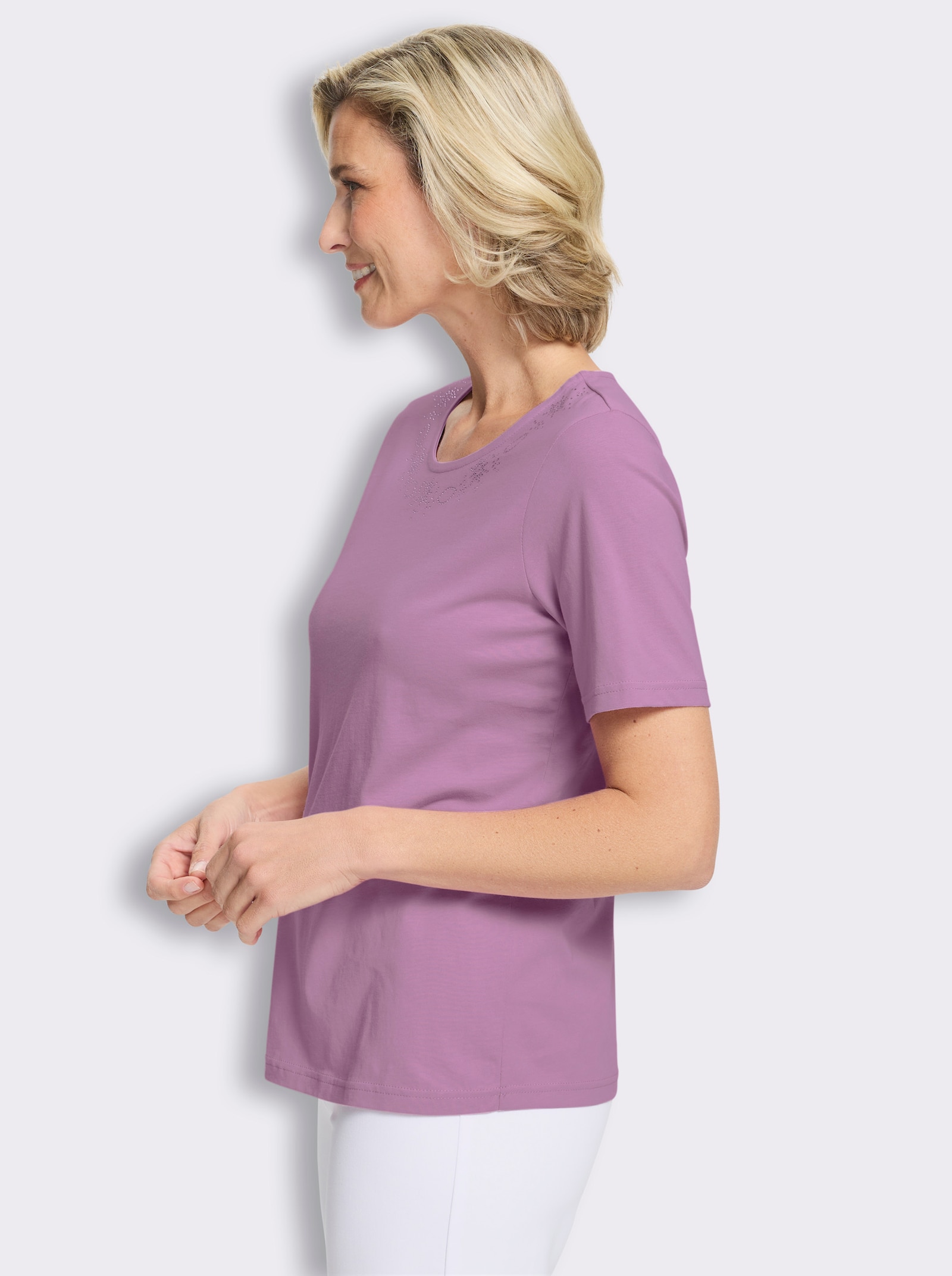 Kurzarmshirt mit Glitzersteinchen-Applikation - orchidee