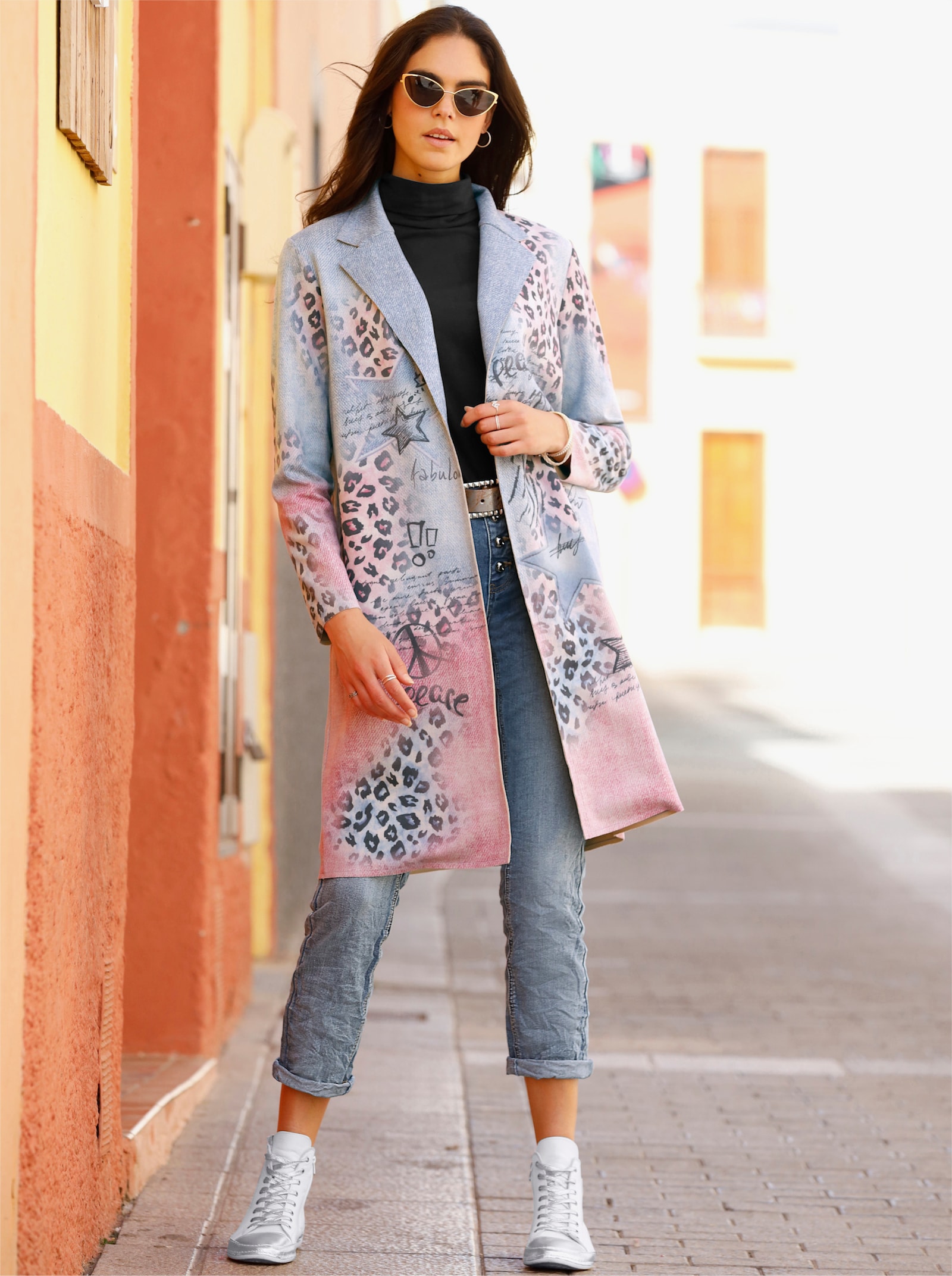 heine Shirtjacke - bleu-altrosa-bedruckt