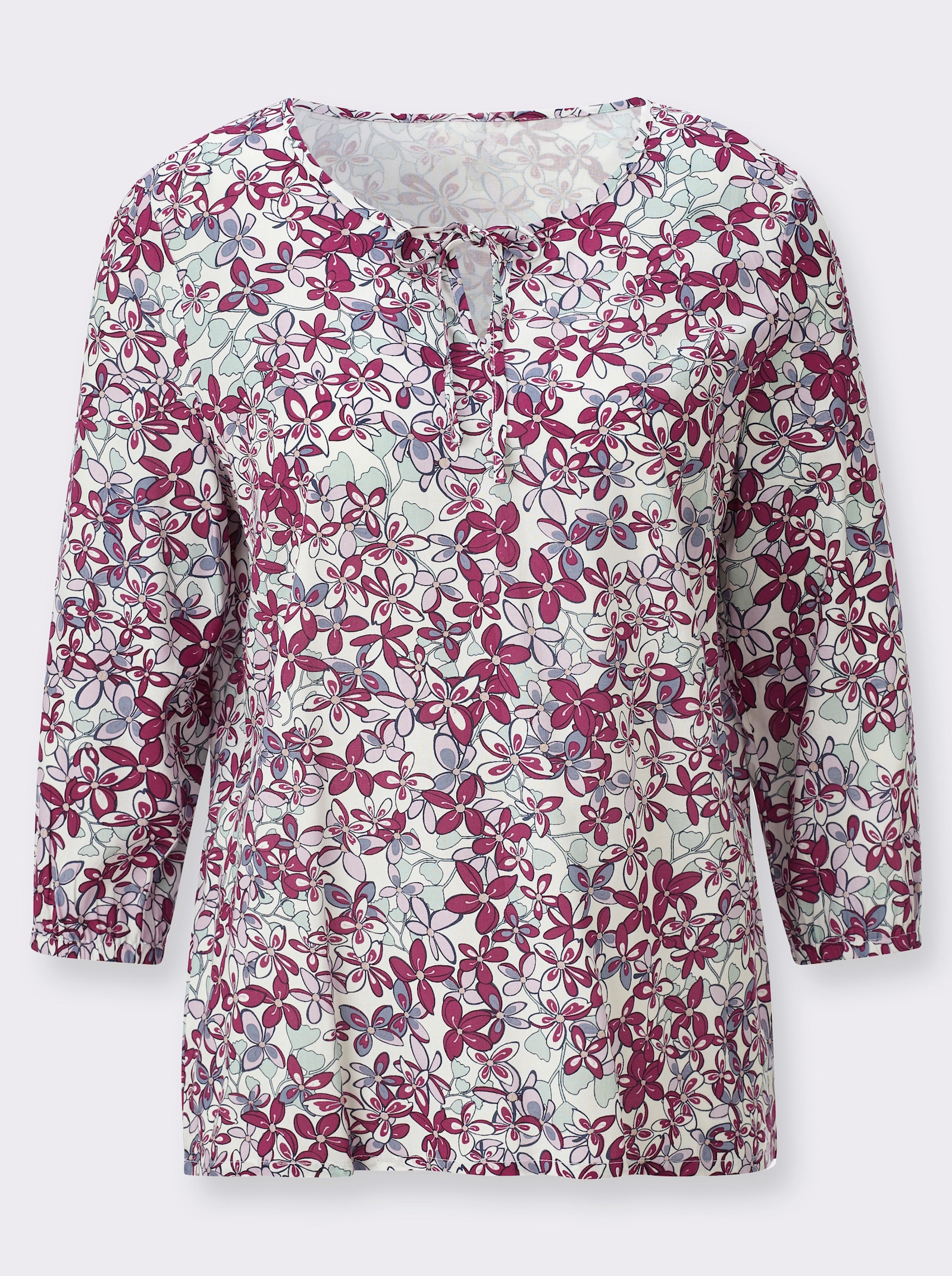 Schlupf-Bluse mit Gummizug an den Ärmeln - rosé-taubenblau-bedruckt