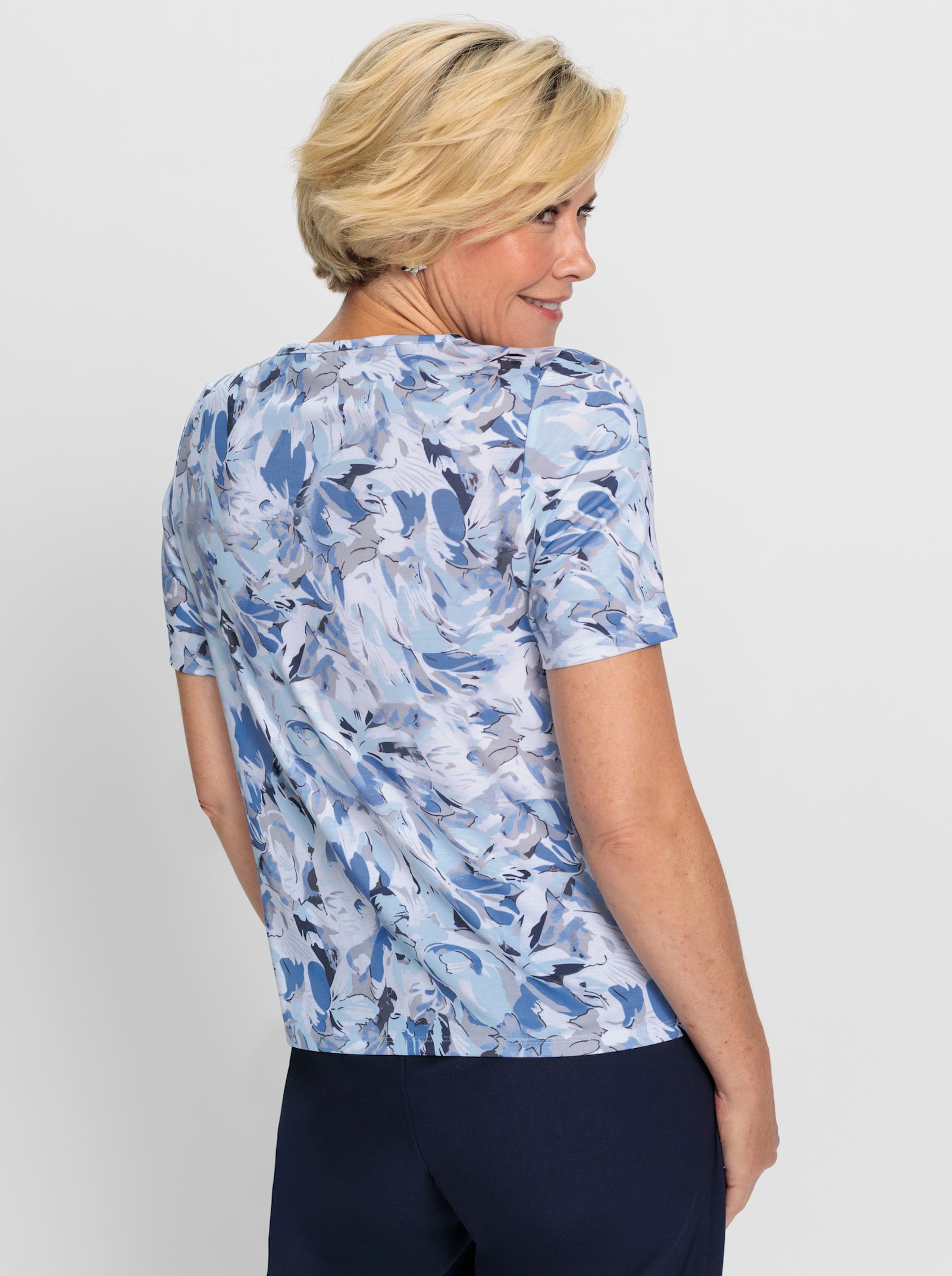 Rundhalsshirt mit Druck-Dessin - mittelblau-weiß-bedruckt