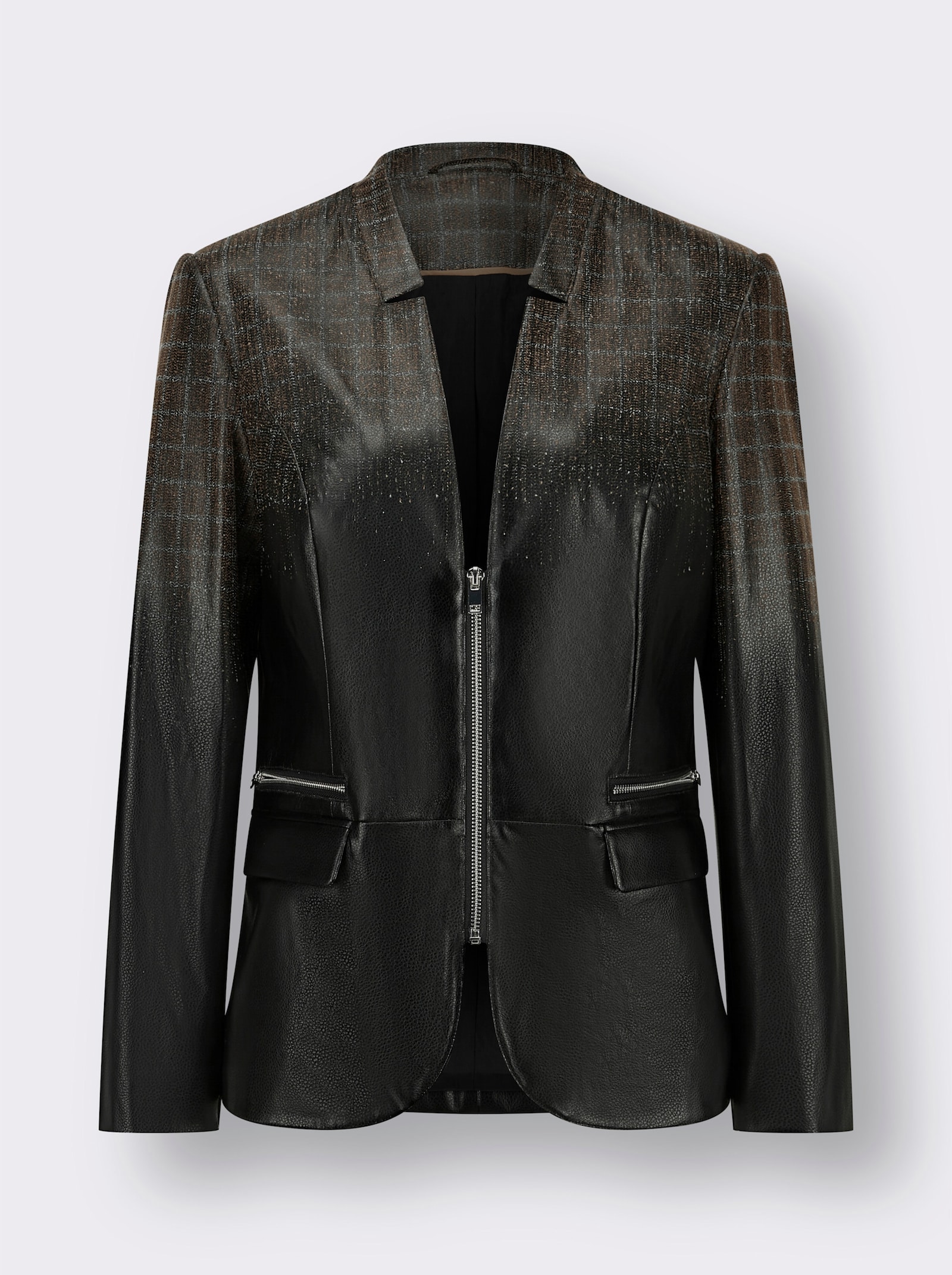 Lederimitat-Blazer mit Karo-Muster - schwarz-braun-bedruckt